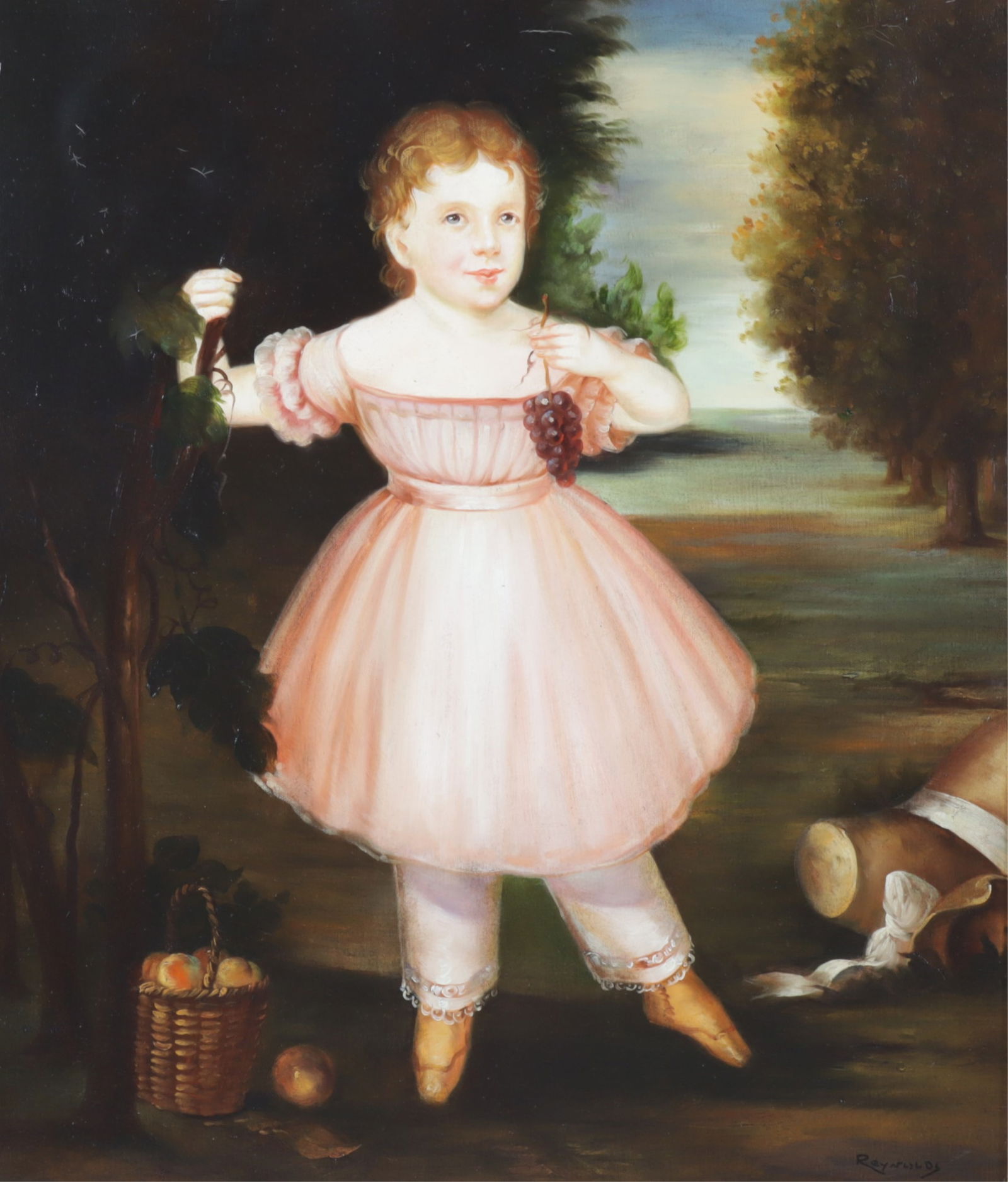 American Primitive Style Portrait of a Young Lady: American primitive style portrait of young girl picking grapes next to basket of peaches, signed Reynolds lower right. Dimensions: 24 x 20" Framed 32 x 28" 