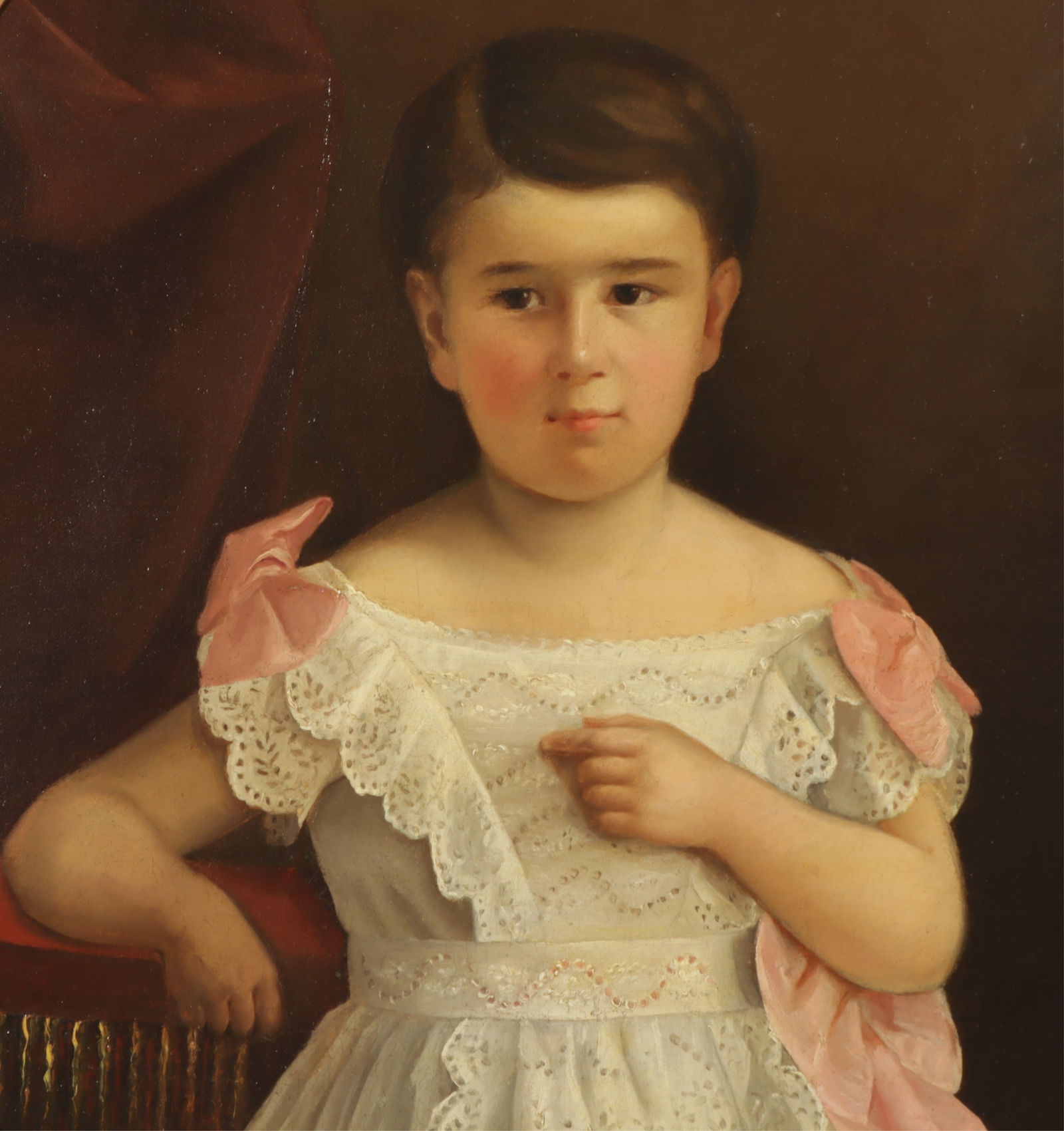 American School - Portrait of Young Girl, 19th C: American School, unknown artist, oval standing portrait of young girl in a fancy pink and white dress. Unsigned. Dimensions: Framed 33 x 28"