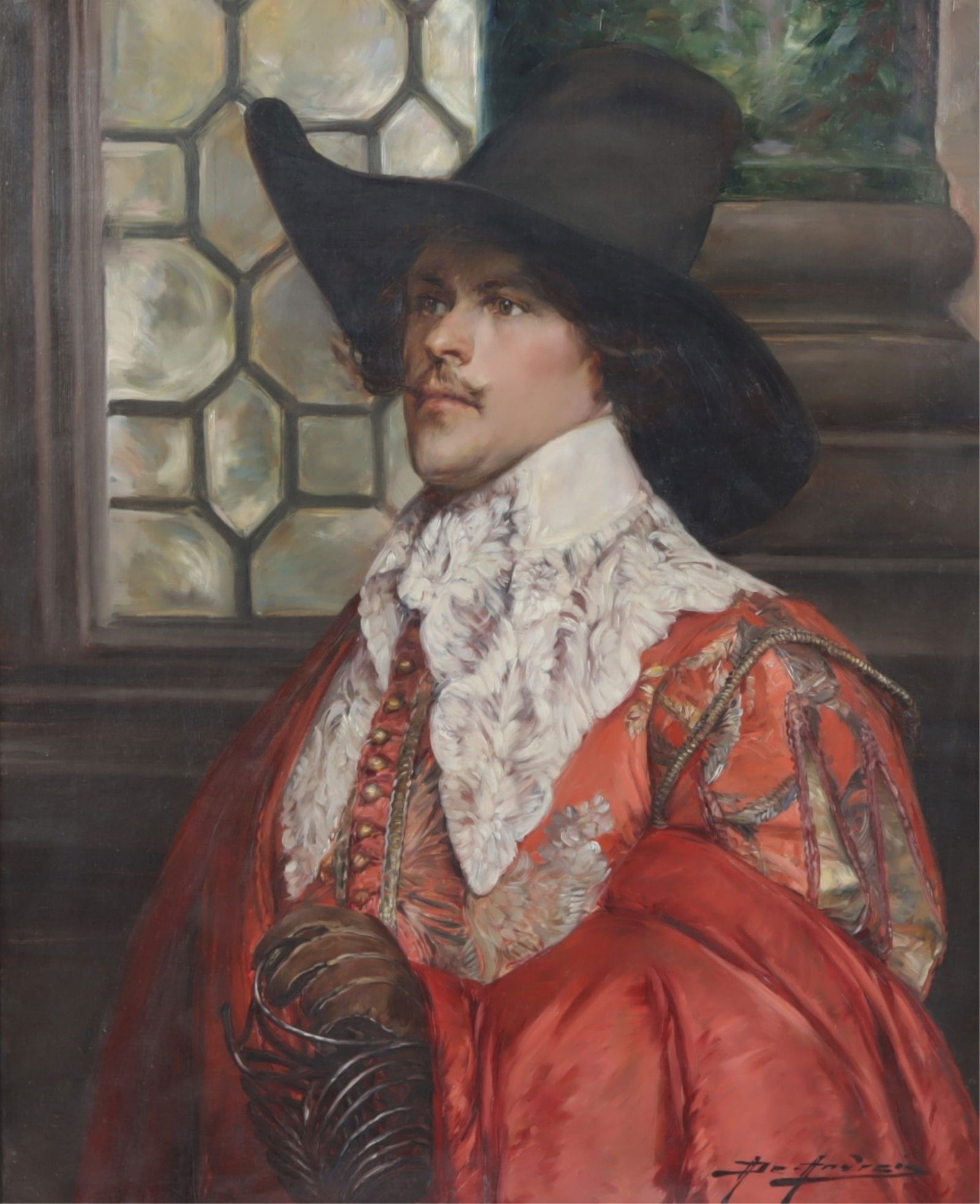Alex de Andreis - Portrait of a Cavalier O/C: Alex De Andreis (Belgian, 1880-1929) oil on canvas half length portrait of a cavalier dressed in decorated red coat with lace collar and wide-brimmed hat. Signed de Andreis lower right. Dimensions: