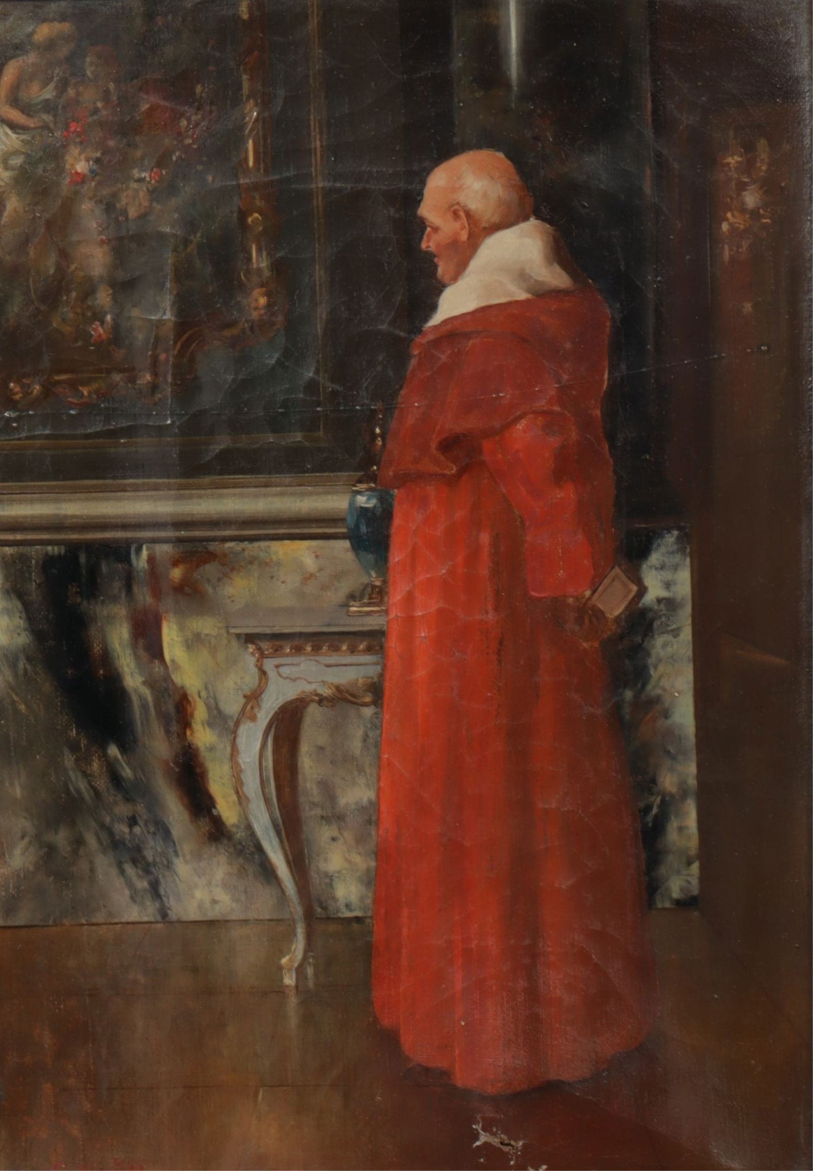 Carl Muller - Cardinal and Interior O/C: Carl Muller (Austrian, 1862-1938) Cardinal and Interior, oil on canvas, signed lower left Dimensions: 9.5" H x 6.5" W, Framed 16" H x 13.25" W 