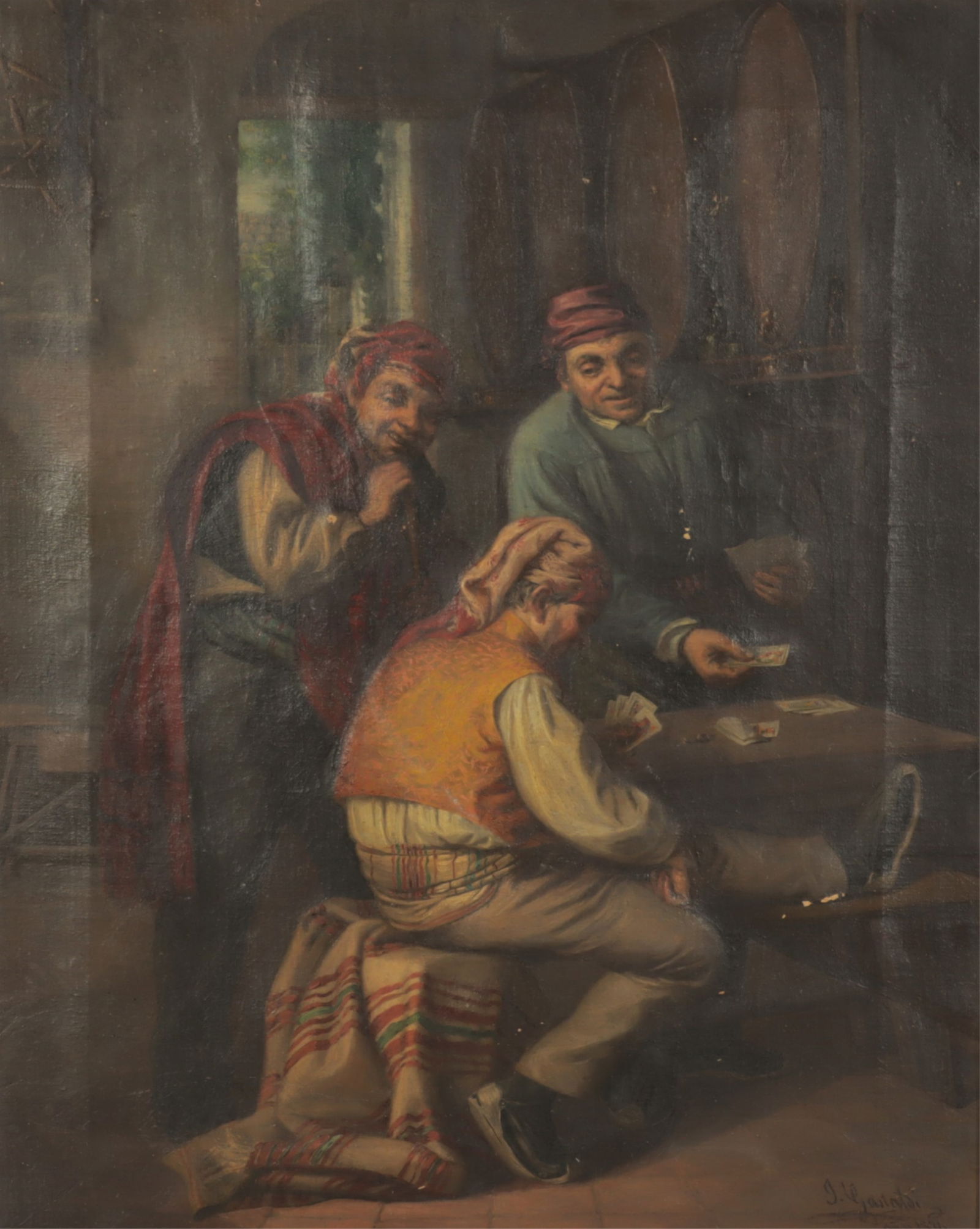 Dutch School, Tavern Scene, 19th C: Dutch School, 19th C tavern scene depicting three man playing cards, oil on canvas. Signed lower right, dated 1871. Dimensions: 20" H x 16" W Framed 29.5" H x 25.5" W 
