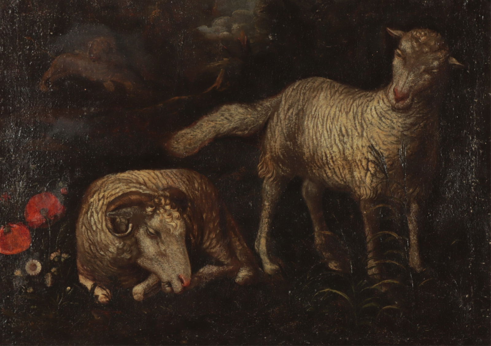 Continental School - Ram and Sheep in Stable O/C: Continental School, 19th C, ram and sheep in stable, oil on canvas, unsigned. Dimensions: 16.75" H x 23.25" W, Framed 21" H x 27.5" W 
