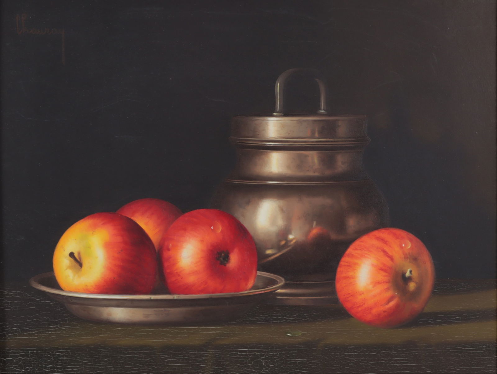 Jean-Claude Chauray - Still Life with Apples, O/C: Jean-Claude Chauray (France, 1934-1996) Still Life with Apples, oil on canvas, signed upper left. Dimensions: 10" H x 13.25" W, Framed 19.25" H x 22.5" W 