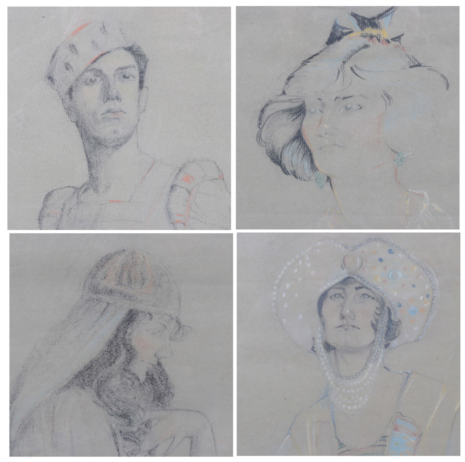 French School - Four Costume Studies, 20th C: Four early 20th century French School costumes studies, pastel on paper. Comprising: two men and two women. Men identically framed, and women identically framed, all identically matted. Dimensions: