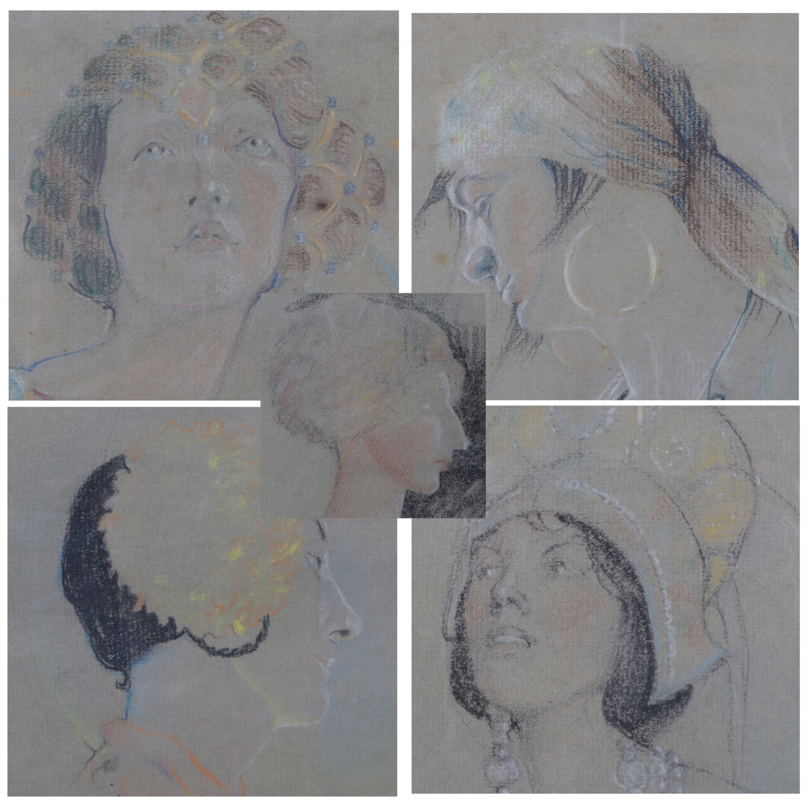 French School - Five Costume Studies, 20th C: A group of 20th century French costume studies of various figures, pastel on paper. Dimensions: Largest framed 32.5 x 25.5"