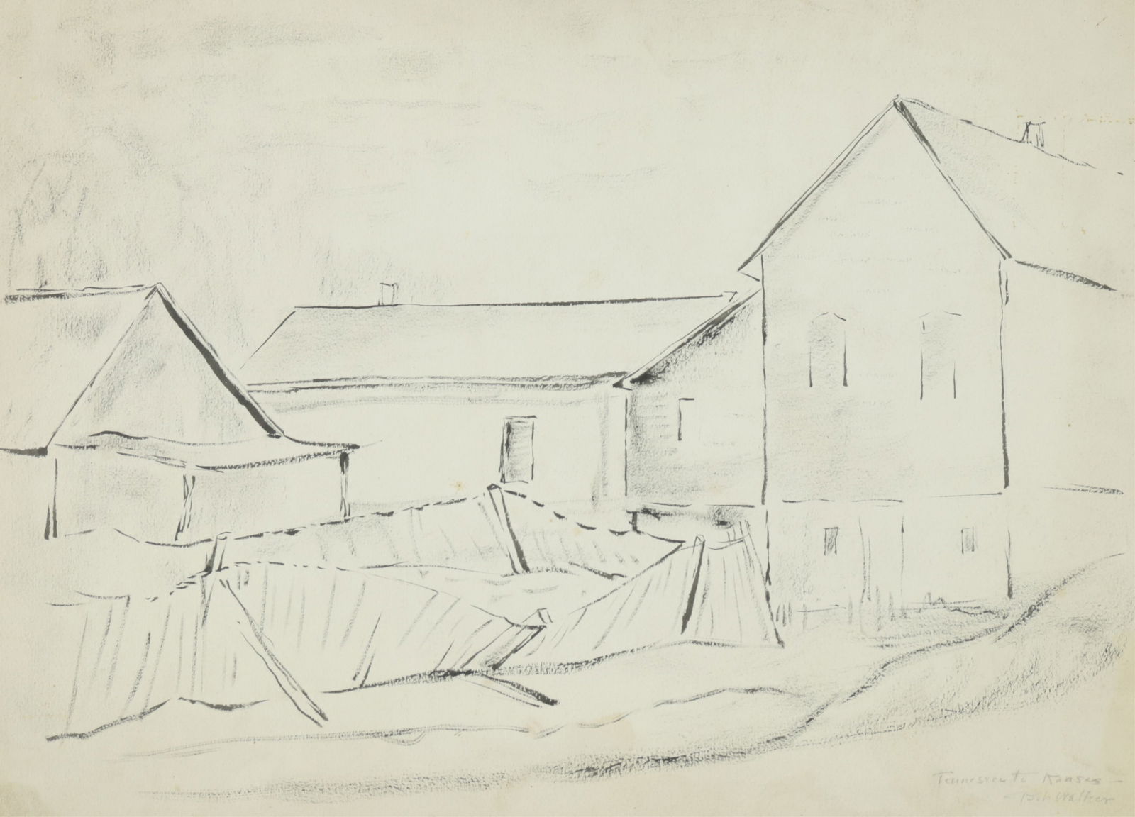 Possibly John Augustus Walker - Drawing: Possibly John Augustus Walker, American, 1901-1967, drawing of buildings with fallen fences, ink and charcoal on paper, titled and signed lower right "Tennessee To Kansas - Joh Walker", en verso Caste