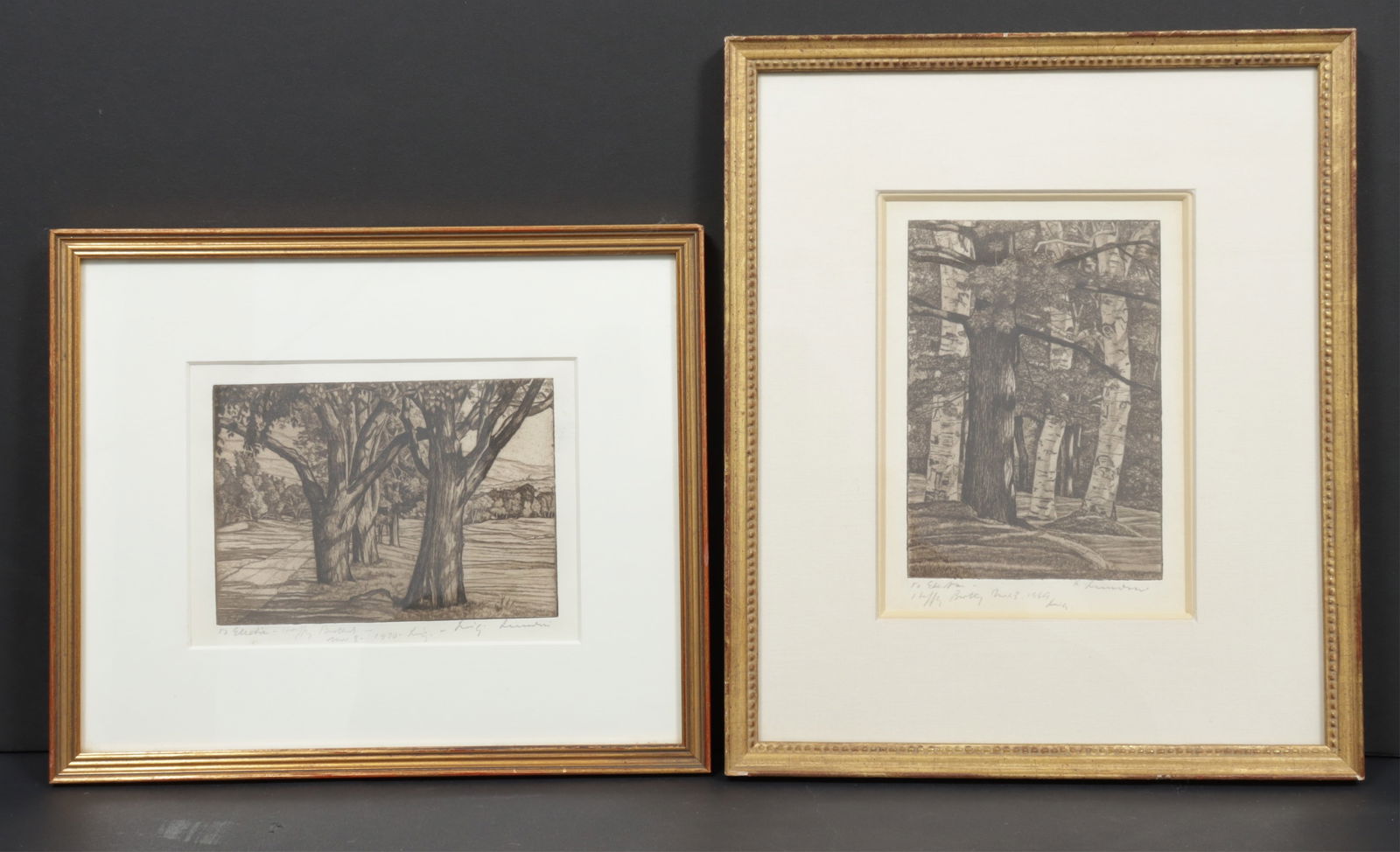 Luigi Lucioni - Two Etchings of Trees: Luigi Lucioni (American/Vermont, 1900-1988) Two small etchings of trees, dated 1969 and 1970. Each signed, dated, and inscribed in graphite. Each with gilt frames. Dimensions: Larger framed 11.75" x