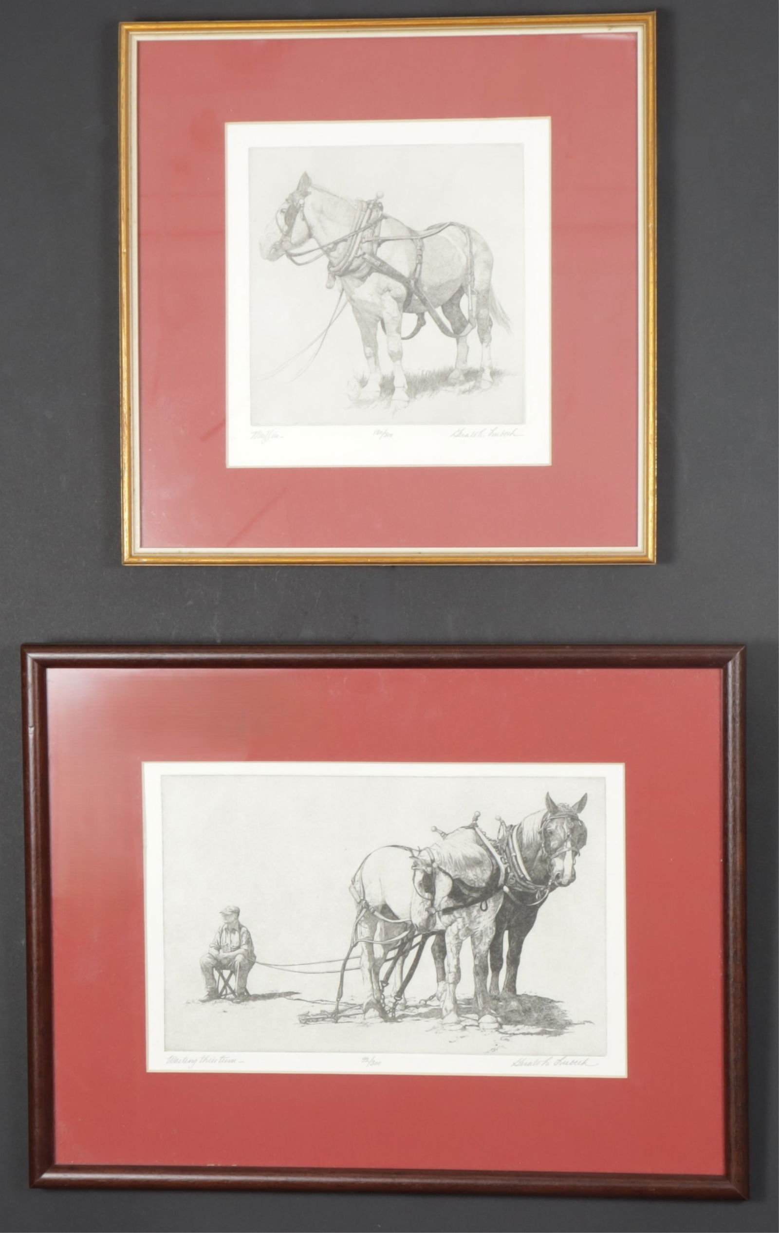 Gerald L. Lubeck - Two Equine Etchings: Gerald L. Lubeck (American, NJ, VT, 1942-2019). Two equine theme etchings. Comprising: "Muffin", numbered 130 of 300, signed lower right. Together with "Waiting Their Turn", numbered 92 of 300,