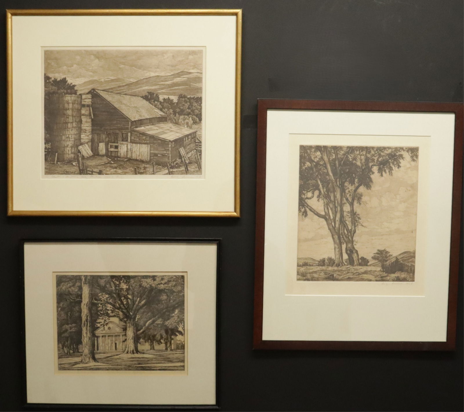 Luigi Lucioni - Three Engravings: Luigi Lucioni (American/Vermont, 1900-1988) a group of three sepia tone engravings. Comprising: trees in landscape, a dilapidated barn, and a church behind trees. Each signed and dated in graphite.