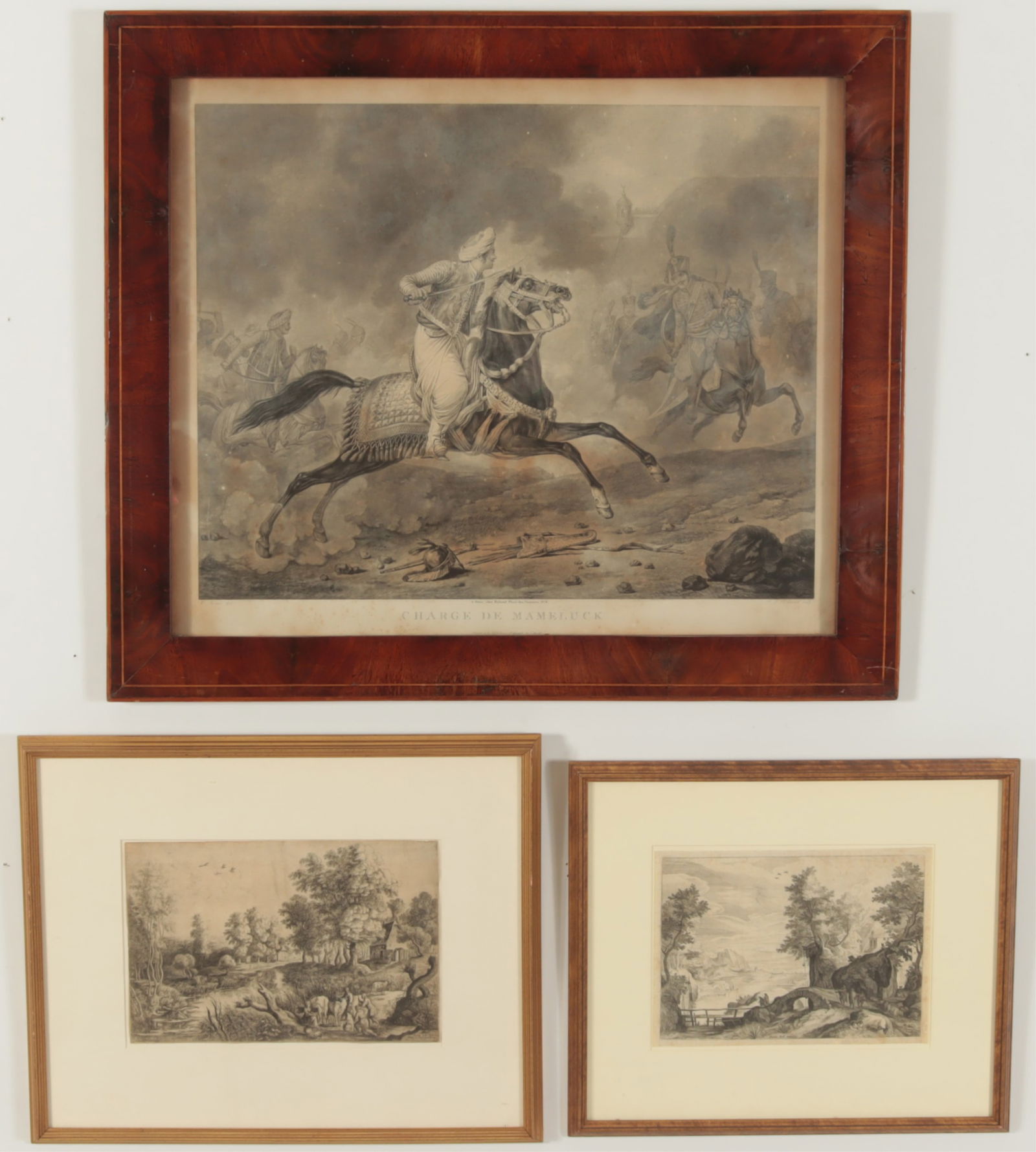 19th Print and Two Landscape Etchings: 19th Print and Two Landscape Etchings, Charge of the Mamelukes after Goya, Lucas Van Uden, Cattle by Stream, Aegidius Sadeler after Paulus Bril Dimensions: Largest framed 27.25" H x 31.25" W 