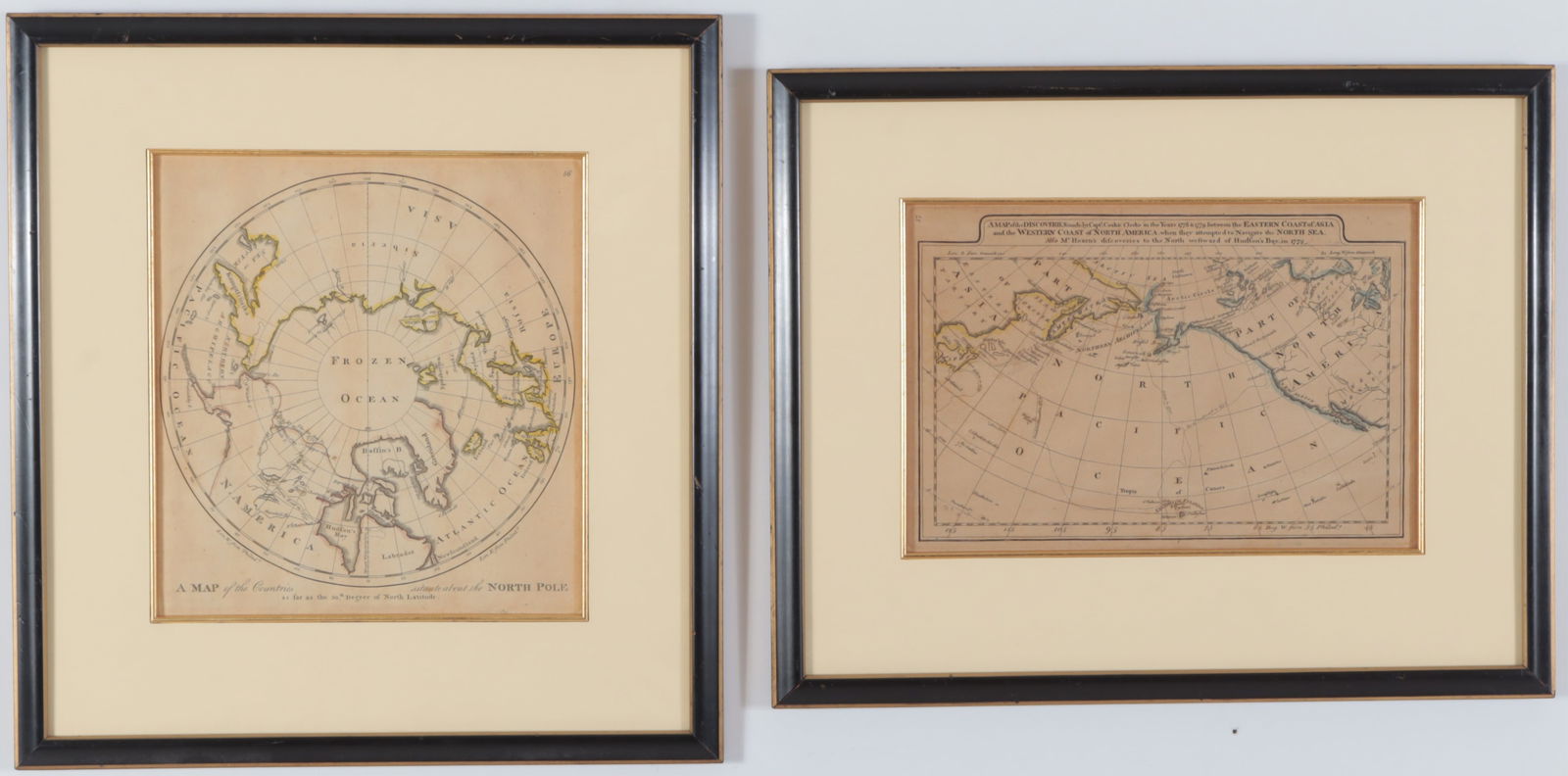 Maps of the Arctic Circle, North Pole, 1790-1800: Two Various Maps of Arctic Circle, North Pole, circa 1800 & 1790 Dimensions: Largest Framed 17" H x 16" W 