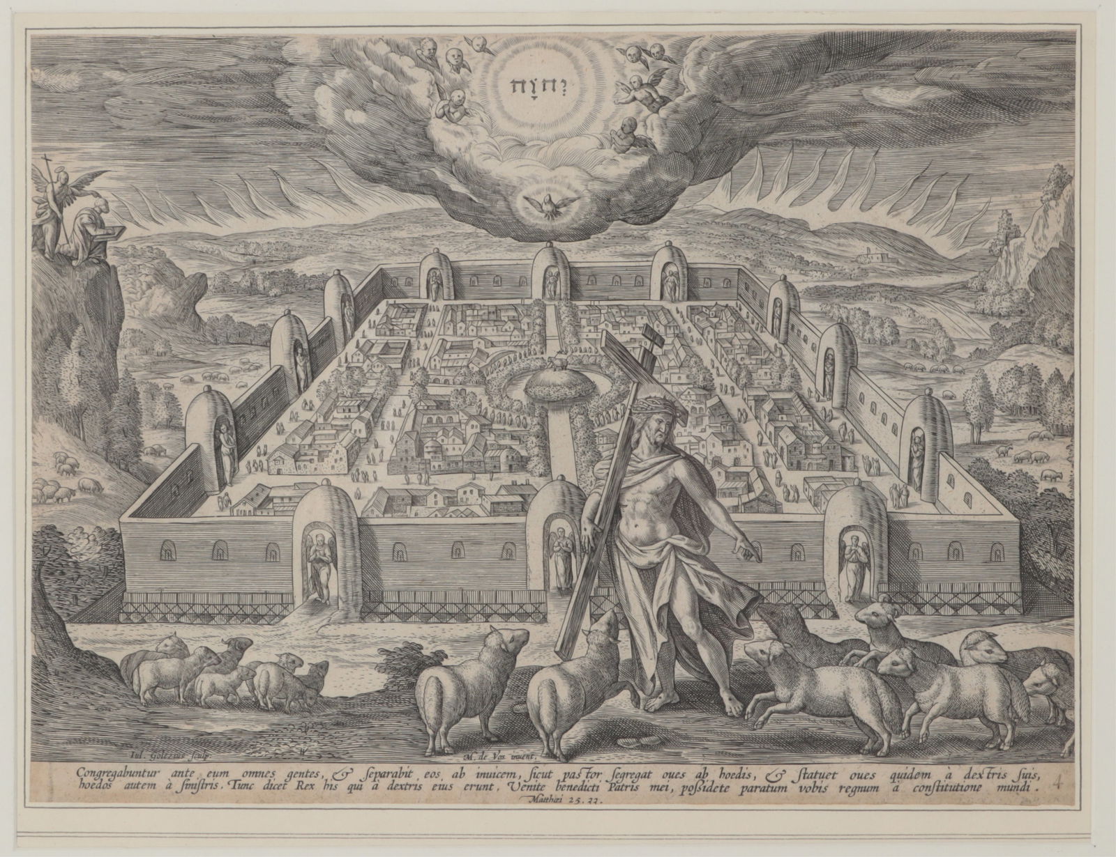 Julius Goltzius - Christ as Good Shepherd, Etching: Julius Goltzius (circa 1550-1595) Christ as the Good Shepherd for the New Jerusalem, Etching Dimensions: Framed 14" H x 16" W 