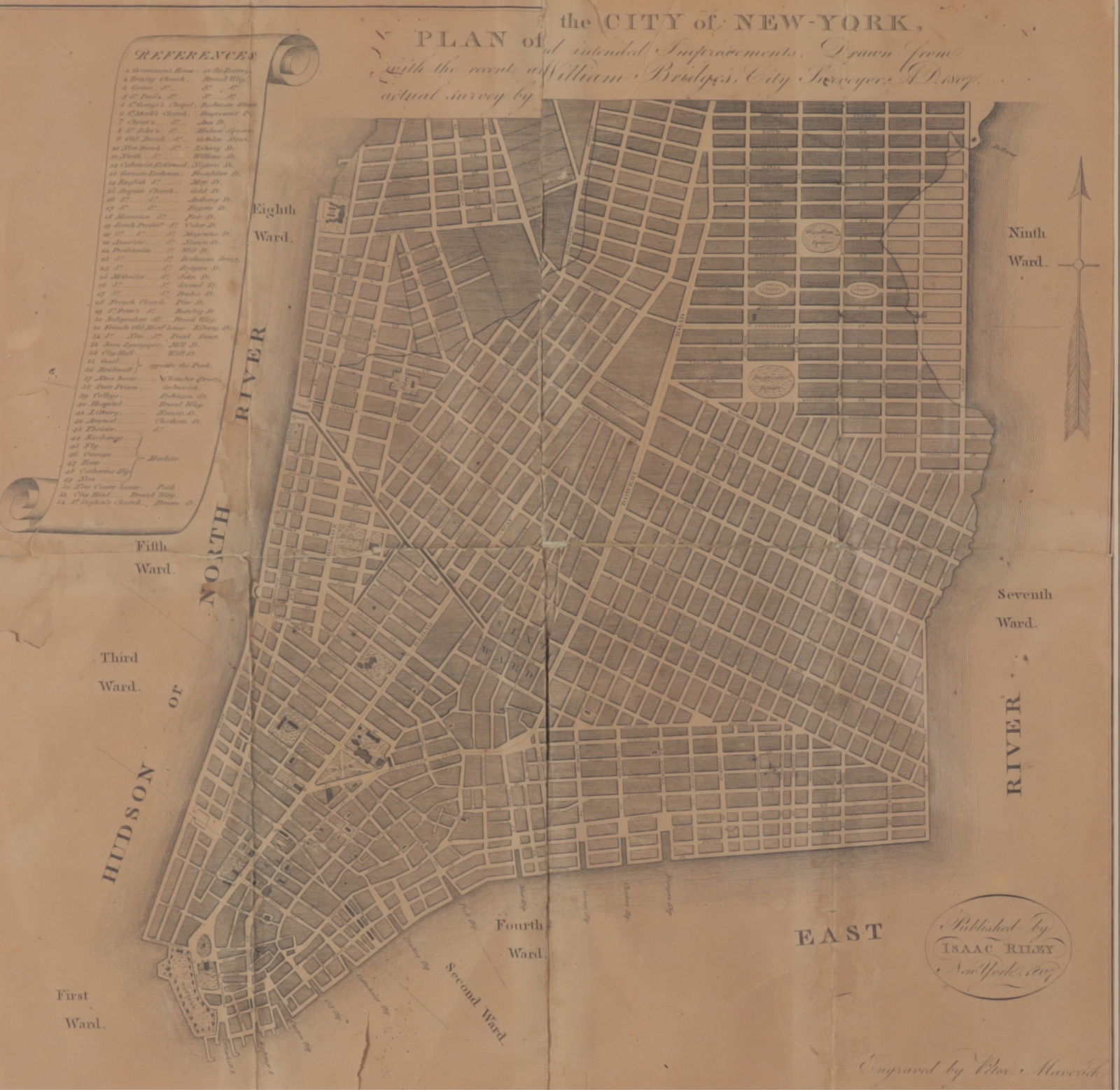 Peter Maverick - Map of Lower East Side, NYC: Peter Maverick (American,1780-1831) Map of Lower East Side, NYC, published Isaac Riley Dimensions: Framed 16.75" H x 16.75" W