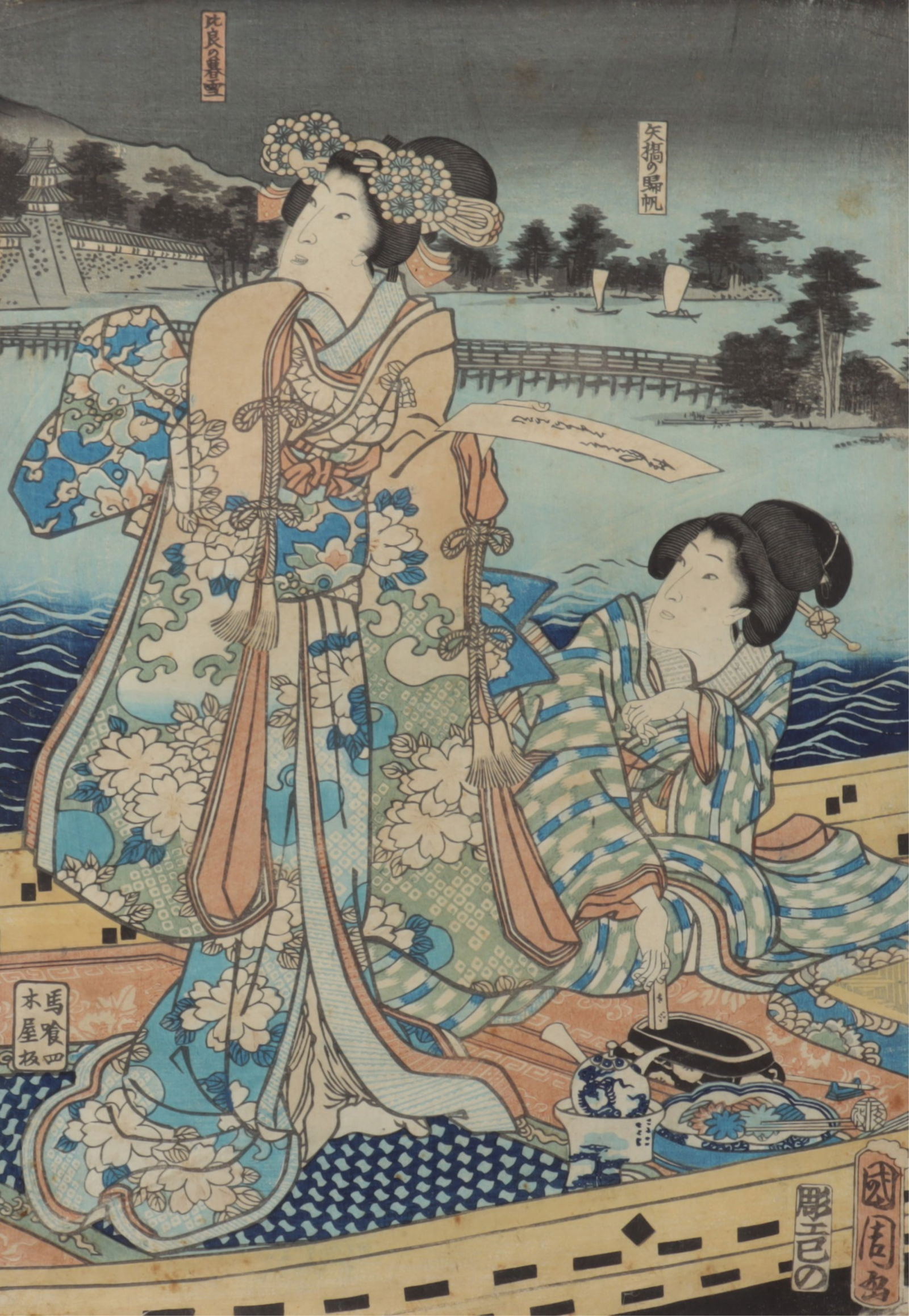 Toyohara Kunichika - Woodblock Print, 19th C: Toyohara Kunichika (1835-1900) woodblock print with ink and watercolor, Eno period, c 1860s. Center panel from "Illustration of Prince Genji's Leisurely Sightseeing of the Eight Views of Omi"