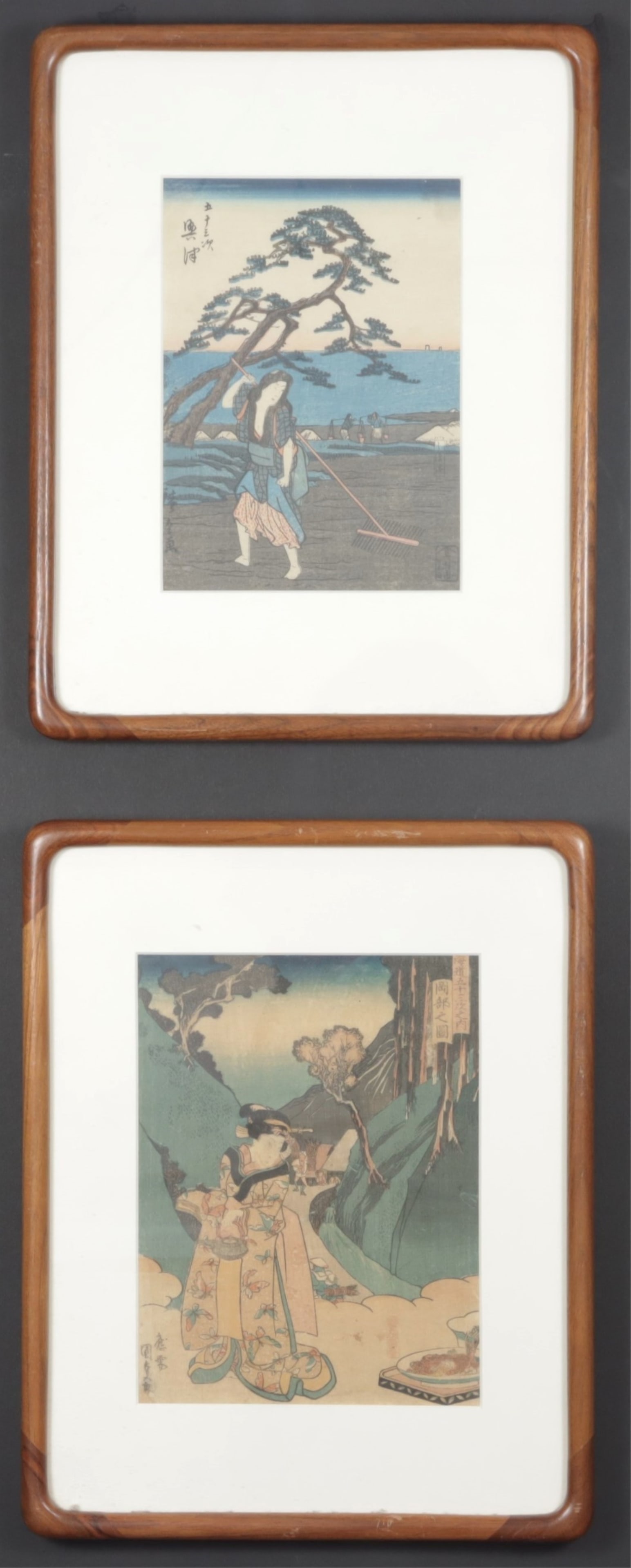 Hiroshige - Kunisada Woodblock Prints: Aftr. Utagawa Hiroshige, Japanese, 1797-1858, Okitsu , half block; Utagawa Kunisada 1786-1865 (Toyokuni III) View of Okabe, half block each from Fifty-three Stations of the Tokaido Dimensions: Okitsu