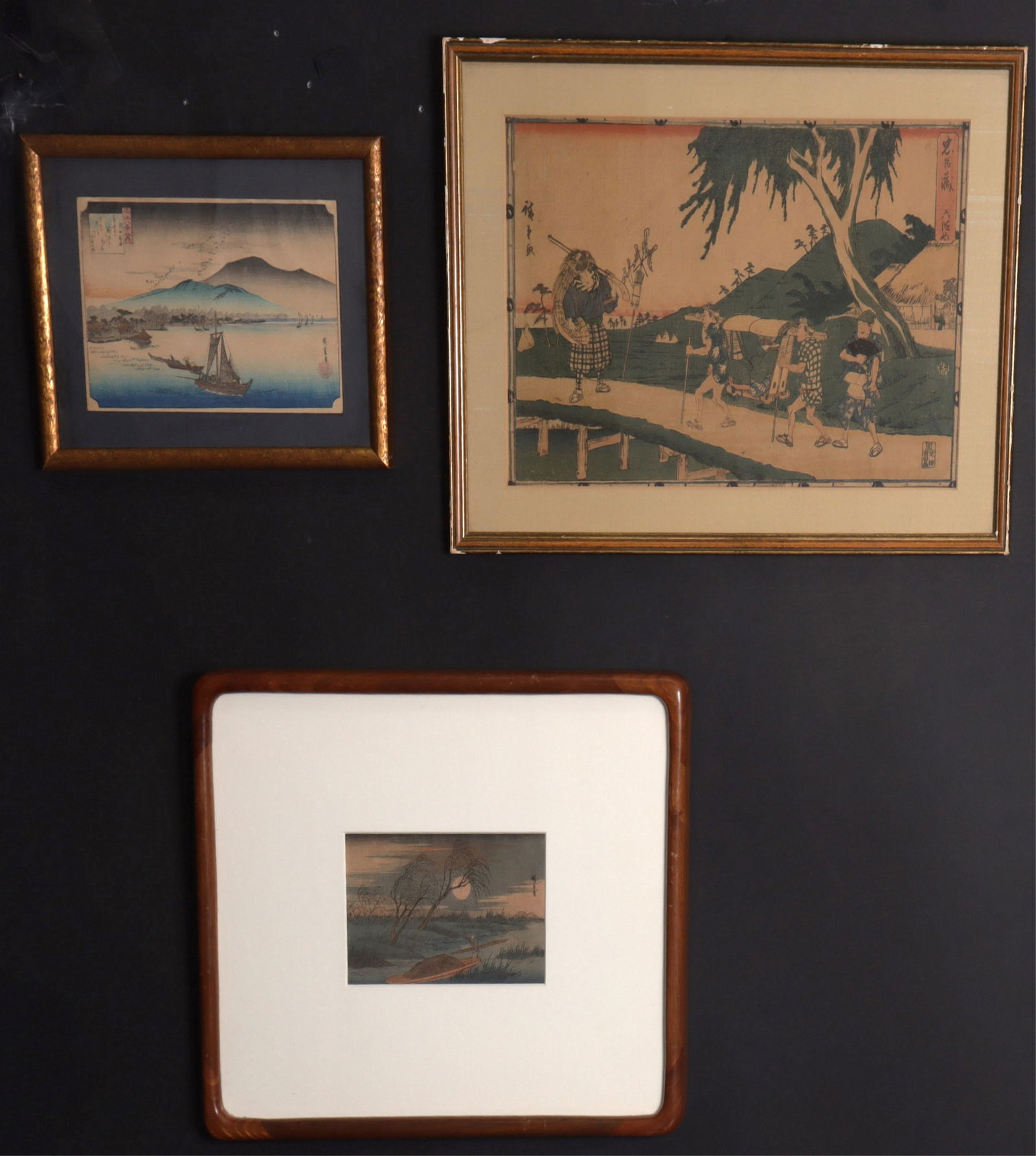 3 Hiroshige Woodblock Prints: Aftr. Utagawa Hiroshige, Japanese 1797-1858, 3 woodblock prints, includes Autumn Moon at Seba, quarter block, from The Sixty nine Stations of the Kiso Highway; Descending Geese at Katada from Eight Vi