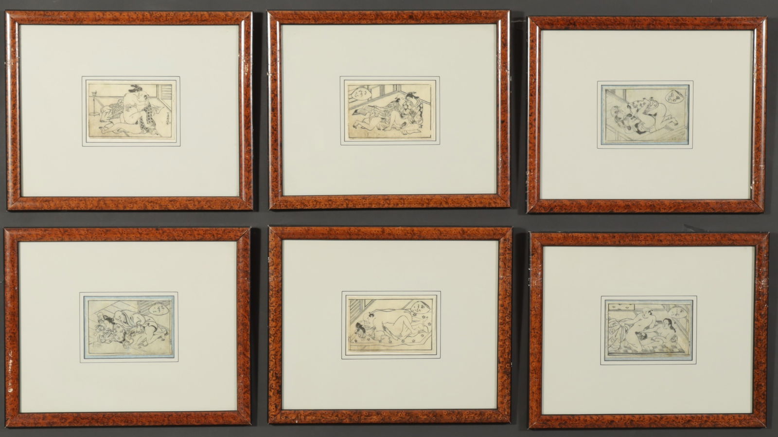 6 Japanese Sumizuri-e Shunga Art Woodblock Prints: 6 Japanese Sumizuri-e Shunga woodblock prints, attributed Okumura Masanobu c.1686-1764; Hishikawa Moronobu 1615-1868, possibly Suzuki Harunobu ca.1724-1770, two en verso noted c.1750 Dimensions: 6