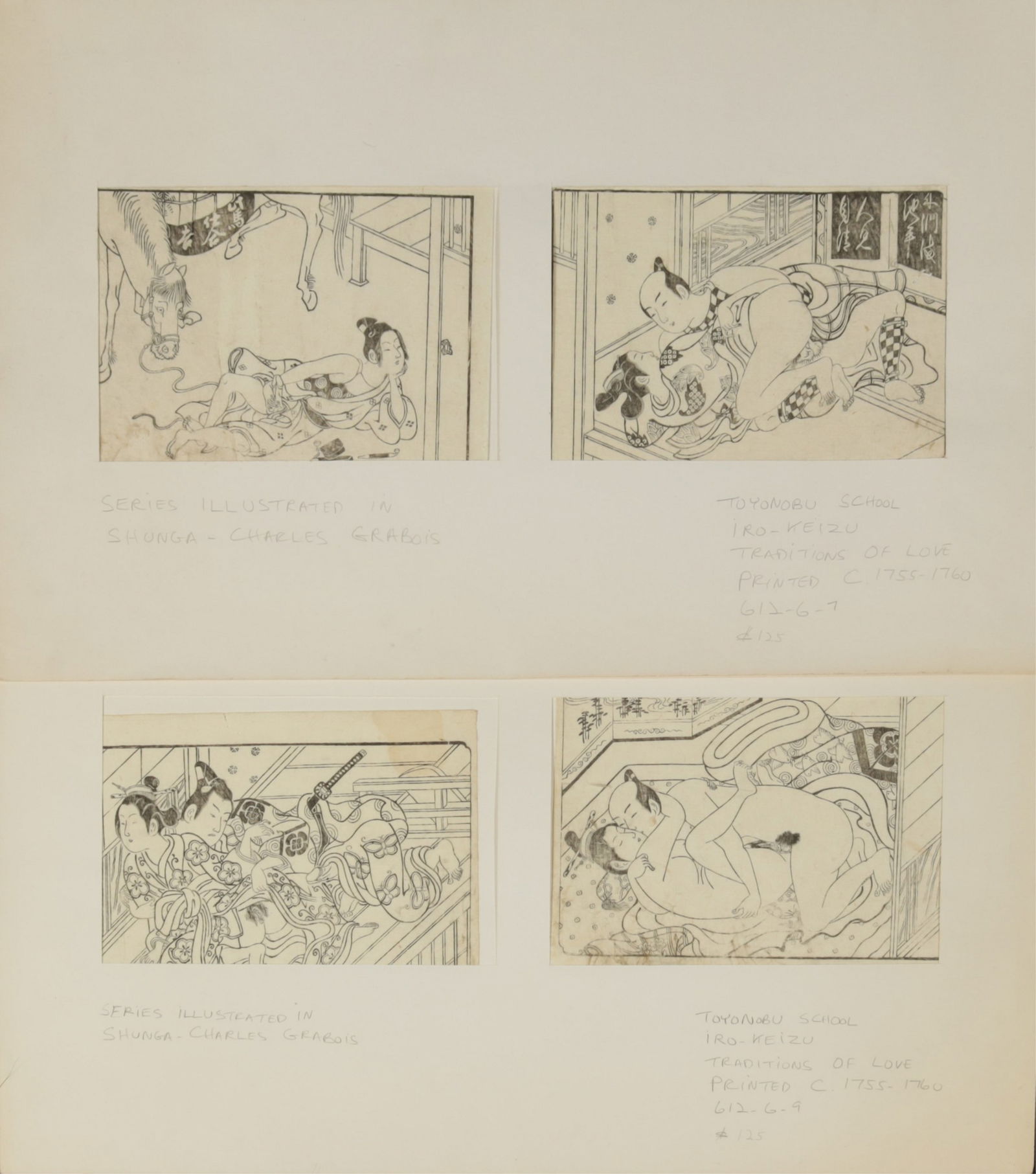4 Japanese Sumizuri-e Shunga Woodblock Prints: 4 Japanese Sumizuri-e Shunga woodblock prints, Ishikawa Toyonobu school, Japanese Shunga Iro- Keizu Traditions of Love, c.1755-1760, noted on mat, "Series illustrated in Shunga- Charles Grabois?", 