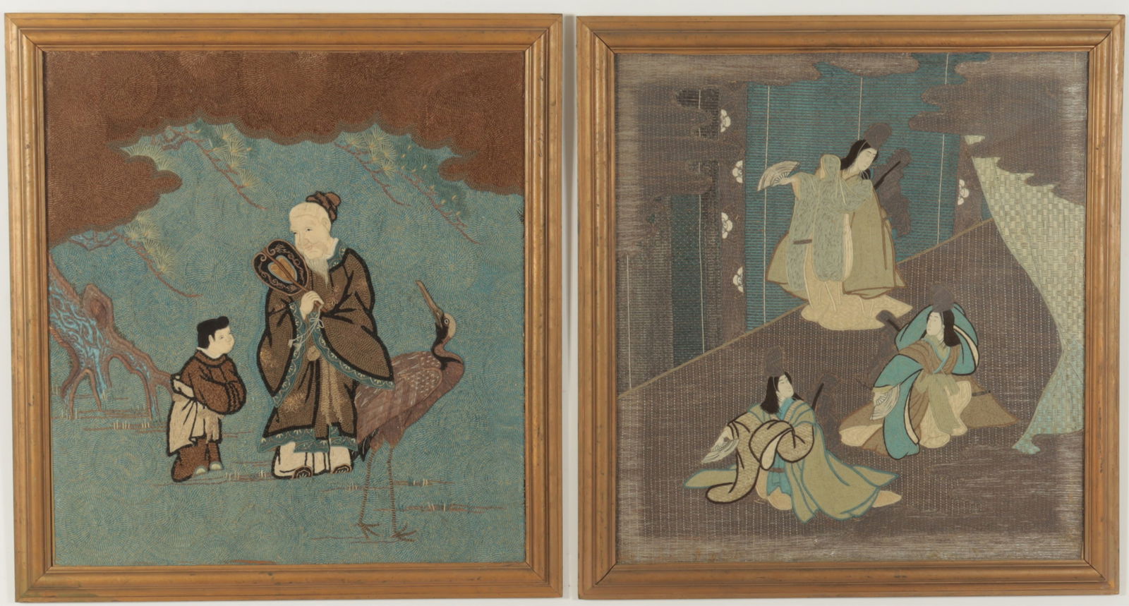 Two Japanese Embroidered Panels: Two Japanese Silk Embroidered Panels L 19th E 20th C Dimensions: Frame - 31.5" H x 29.5" WSight - 27.5" H x 25.5" W