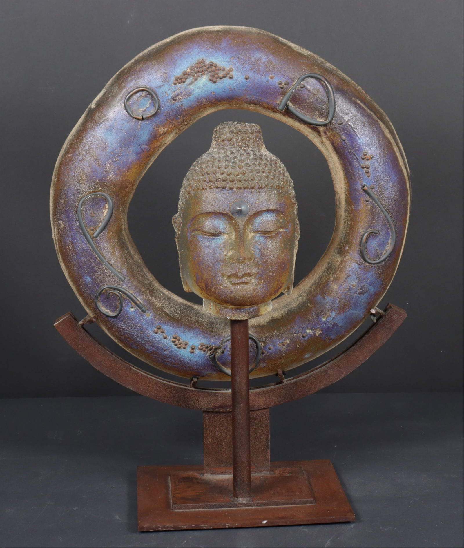 Marlene Rose - Sand-Cast Glass Buddha, 2013: Marlene Rose (American, b 1967) Sand-Cast Iridescent Glass Buddha & Mandala, signed verso, dated 2013 Dimensions: 20.75" H
