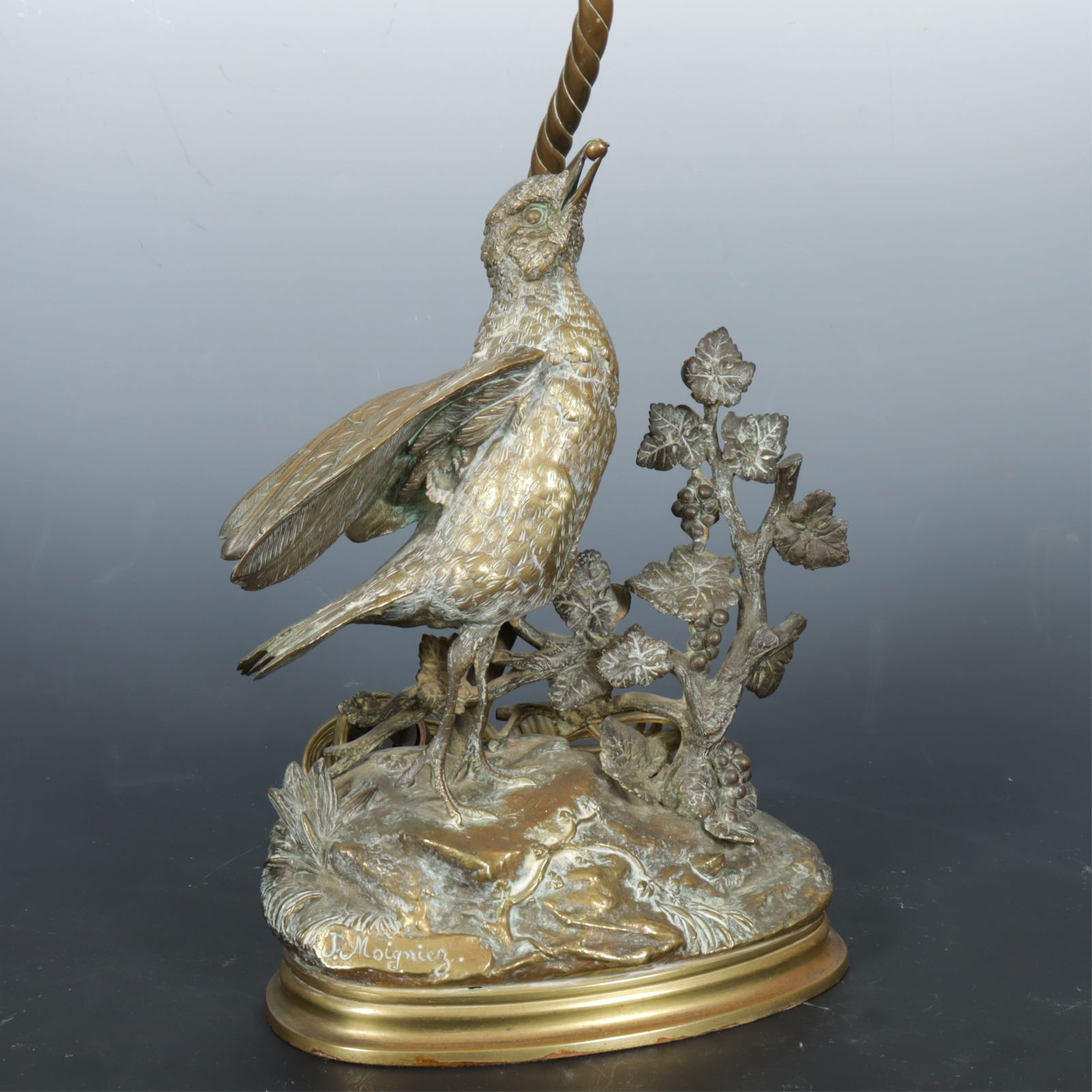 After Jules Moigniez Bird Lamp: After Jules Moigniez (French, 1835-1894), bird form patinated cast metal lamp, signed in casting. Dimensions: Figure 10" H, overall 21.5" to finial. 