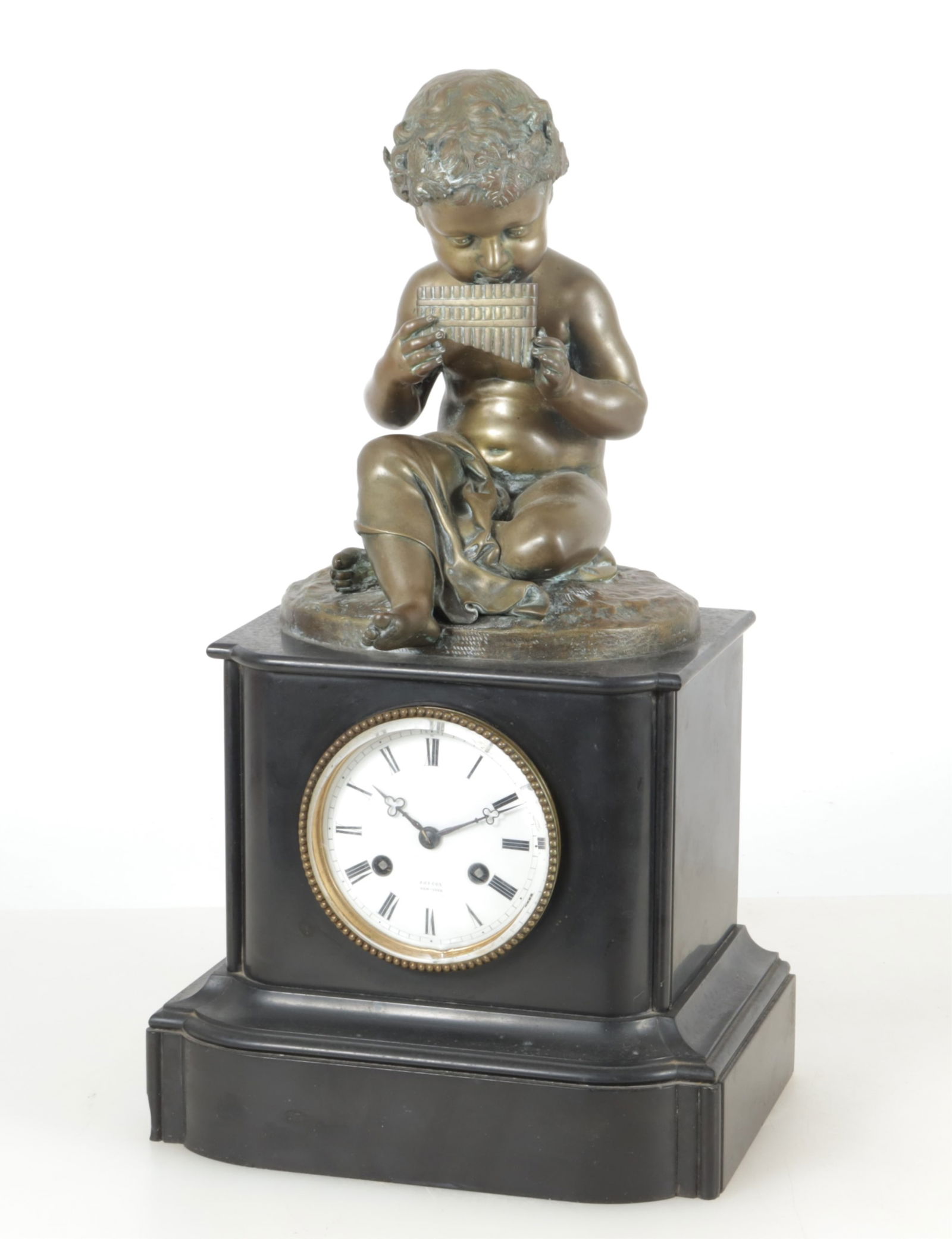 Continental Figural Bronze & Slate Clock, 19th C: Continental Figural Bronze and Slate Clock, 19th century, works signed J&I Cox, New York, likely a retailer. Dimensions: 17.75" H 