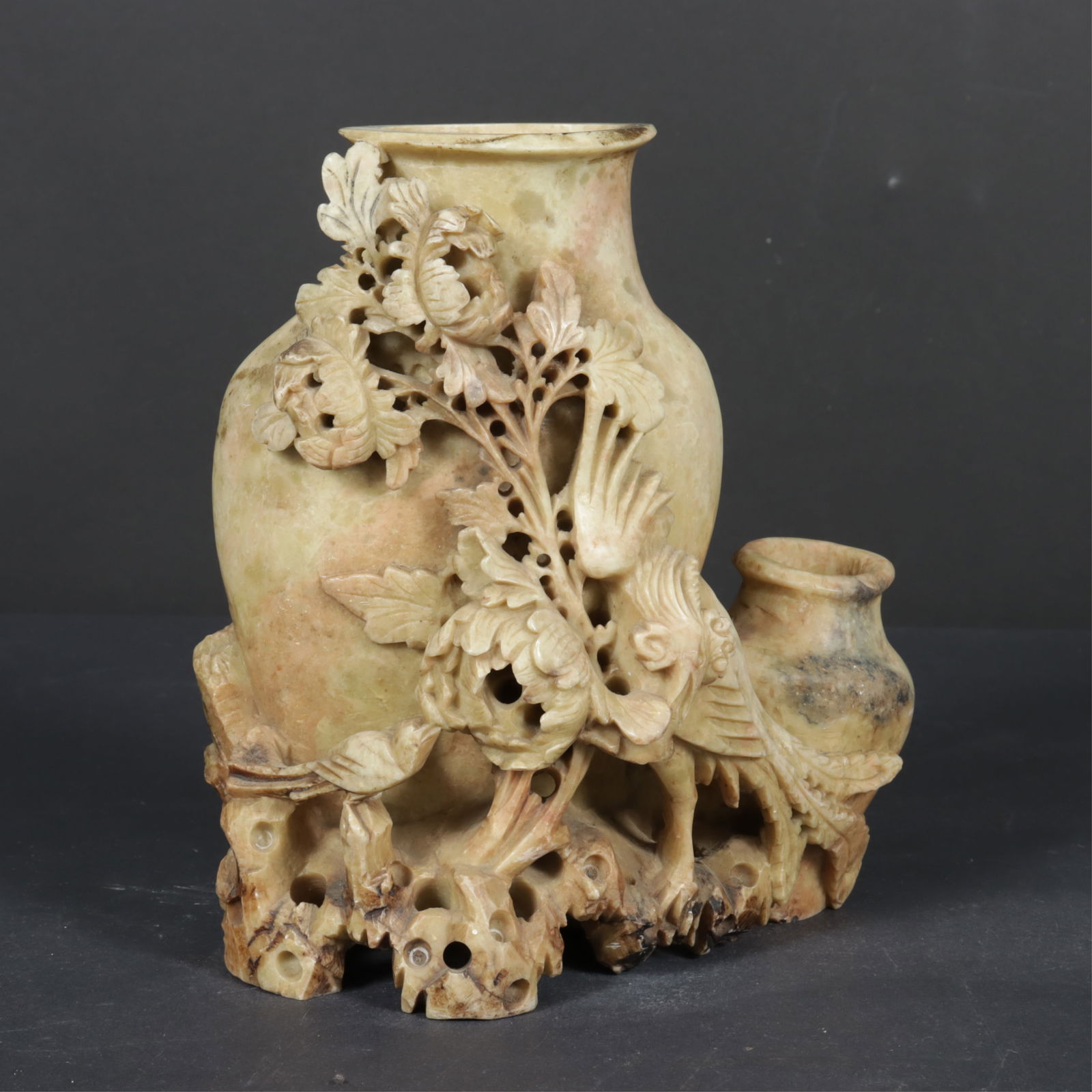 Chinese Carved Soapstone Double Vase: Antique Chinese carved soapstone double vase with floral sprays and exotic bird decoration. Dimensions: 7.75" H 