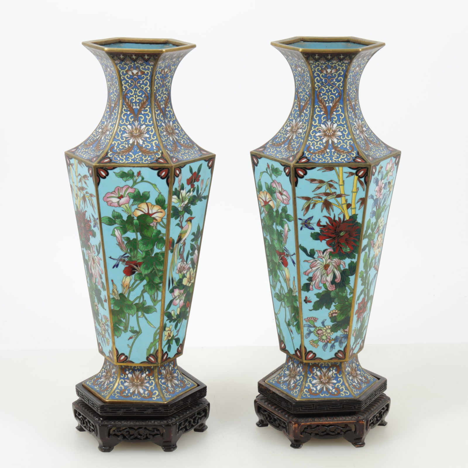 Pair Japanese Cloisonne Vases: Pair Japanese Cloisonne Vases, Early 20th C., on stands Dimensions: Vases 15.25" H 