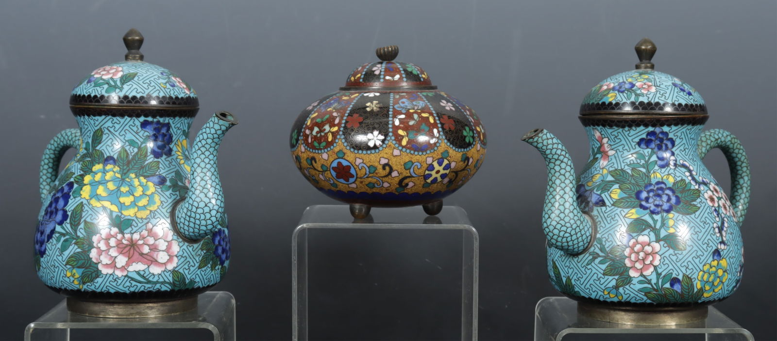 Chinese Cloisonne Teapots & Bowl: Pair Chinese Cloisonne Teapots & Covered Bowl Dimensions: Teapot 6.25" H 