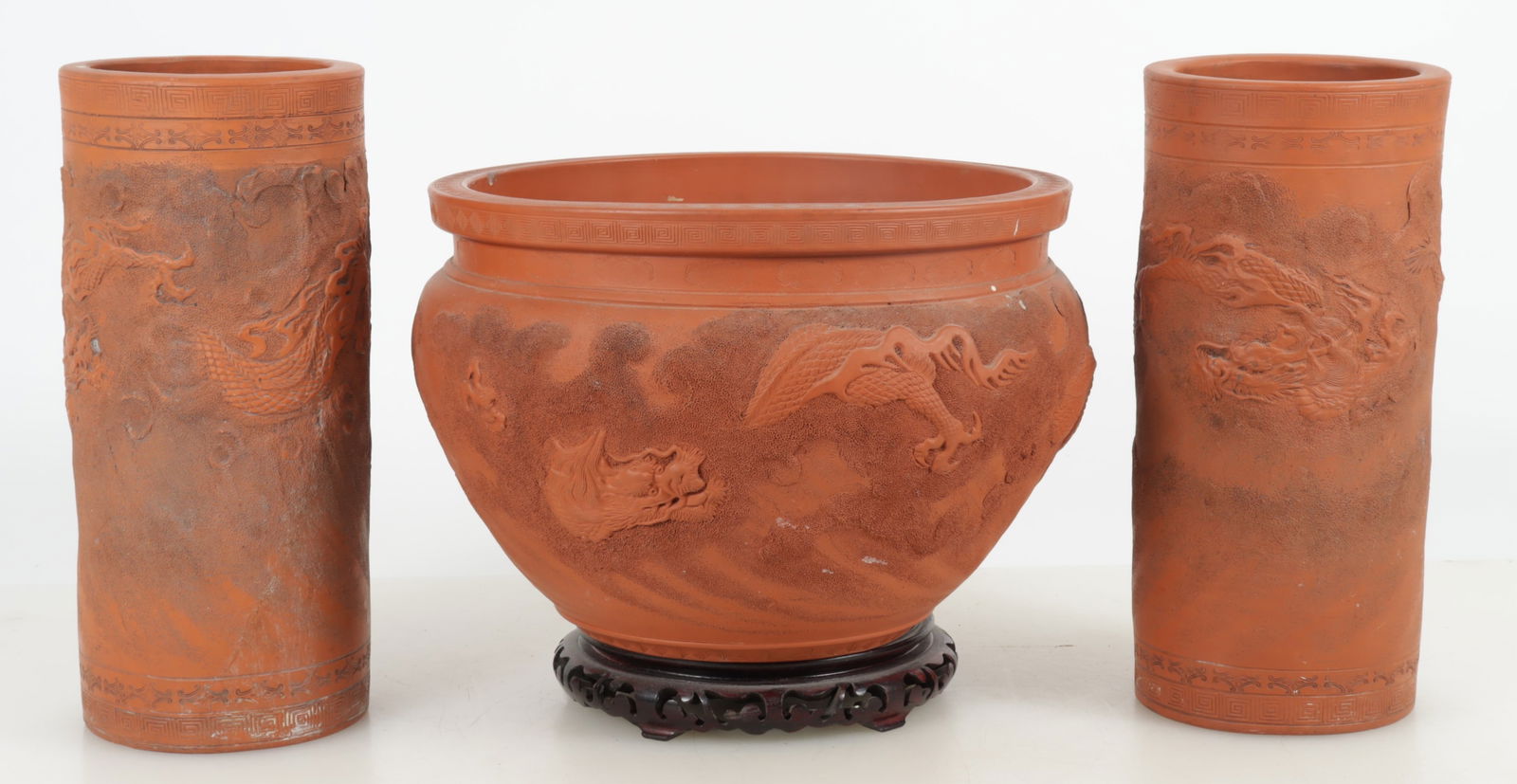 Pair Asian Red Clay Vases and Fish Bowl: Pair Asian Red Clay Vases and Fish Bowl, dragon motif Dimensions: Vases 12.25" H 