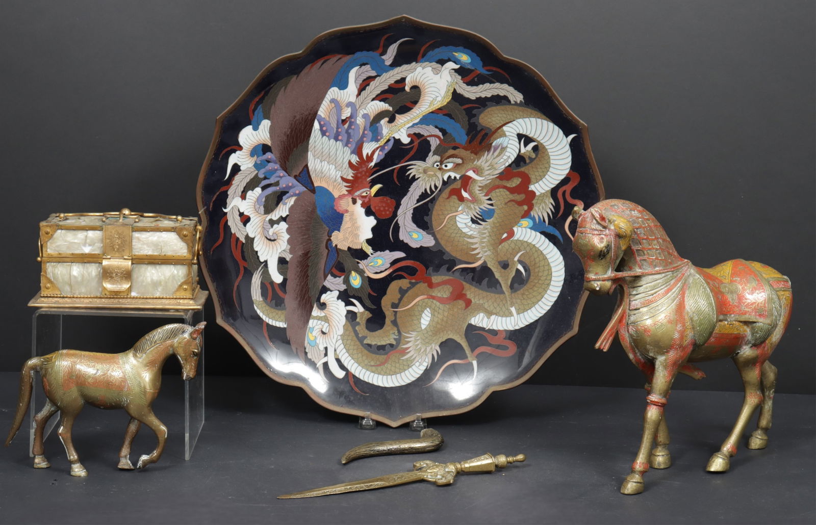 Japanese Cloisonne and Other Items: Japanese Cloisonne Platter, two Indian Horses, Letter Opener and Casket Dimensions: Platter 17.5" Dia. 