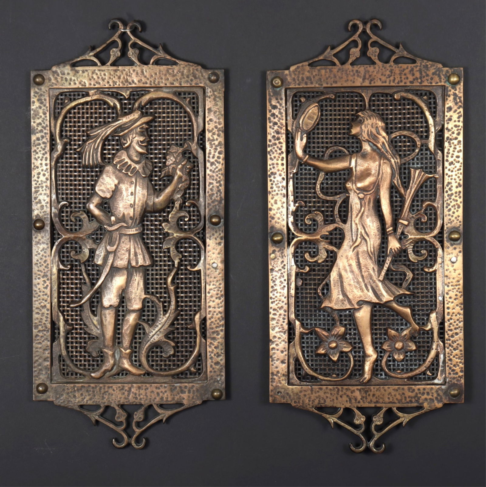 Art Nouveau Style Copper Architectural Plaques: Late 19th-E 20th C., Art Nouveau/Renaissance style hammered copper architectural plaques with mesh vent Dimensions: 17 H x 7 .5" W Property of a New York Antiques Dealer