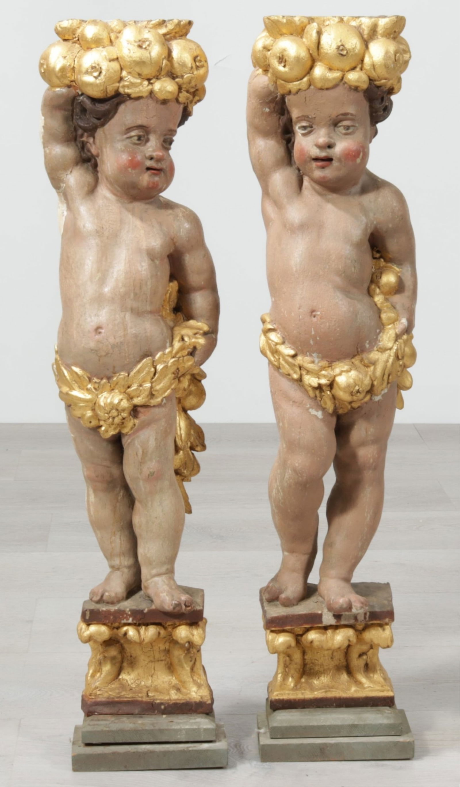 Italian Baroque Style Polychrome Figural Pilasters: Pair Italian Baroque Style Polychromed Figural Pilasters, Late 19th/Early 20th C. Dimensions: 28.5" H 
