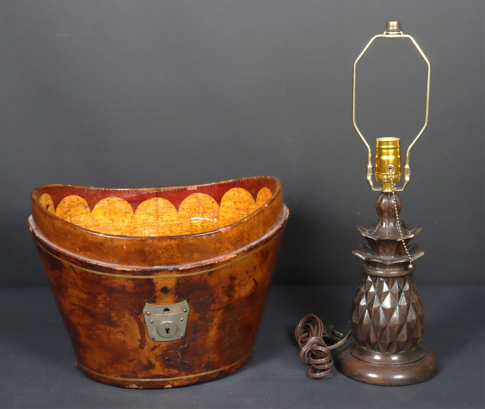 Victorian Leather Hat Box & Lamp: Victorian Leather Hat Box Basket & Pineapple Lamp, interior with maps of the Middle East Dimensions: 10" H x 14" W