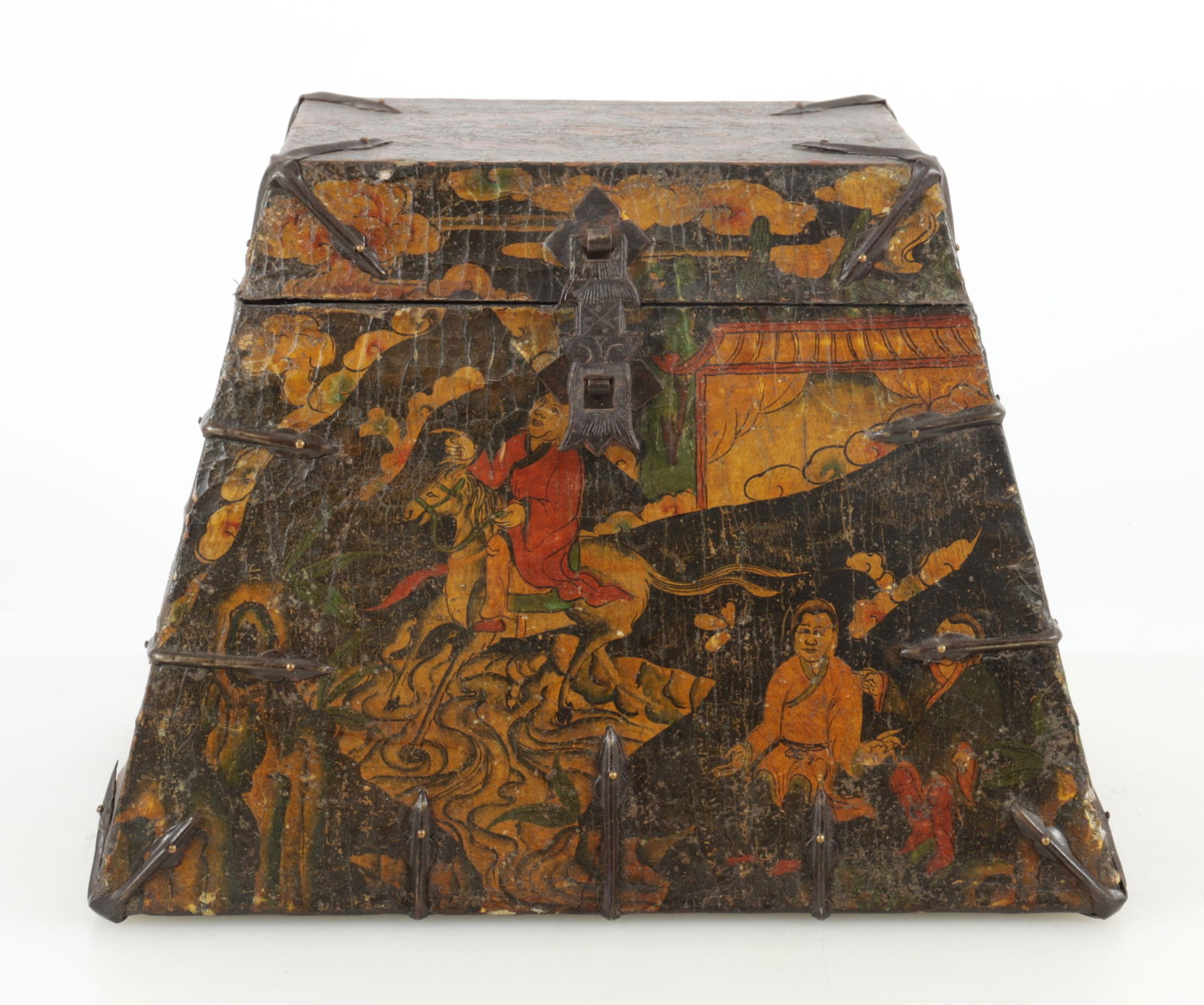 Chinese Brass Mtd Lacquered Paper Storage Box: Chinese Brass Mounted Lacquered Paper Storage Box, decorated with figures in landscape Dimensions: 11.75" H x 15.75" W x 11.75" D