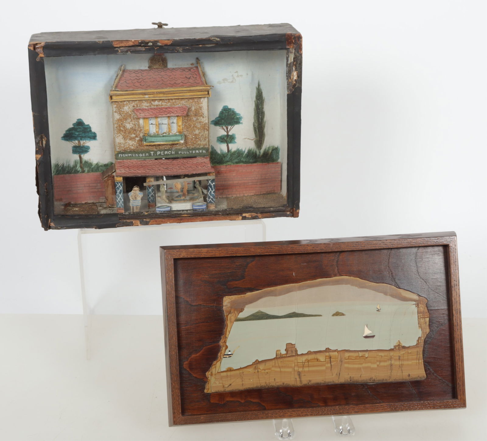Vintage English Diorama & Pietra Dura Painting: Vintage English Diorama & Pietra Dura Painting, Late 19th/Early 20th C., diorama: T. Perch Fishmonger -Poulterer Dimensions: 8" H x 11" W x 3" D 