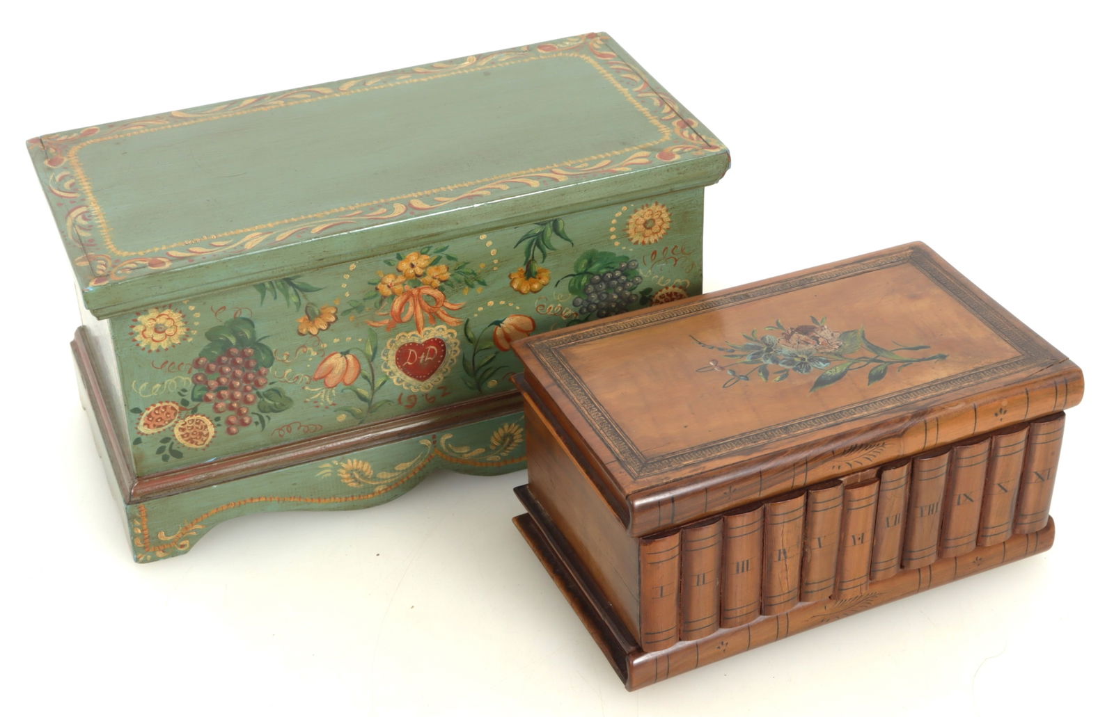 Miniature Painted Chest & Book Spine Box: Miniature Painted Chest and Painted Book Spine Box, trunk initialed RM inside, DD1962 on frieze Dimensions: 6.5" H x 12.75" W 