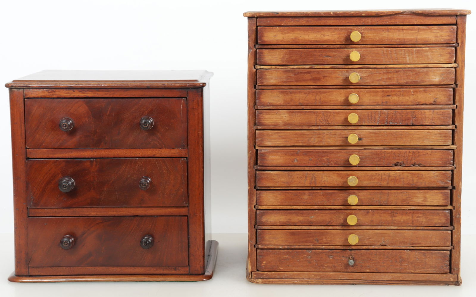 Victorian Miniature Chest & Collector's Cabinet: Victorian Mahogany Miniature Chest and Pine Collector's Cabinet Dimensions: The larger 15" H x 12" W x 10.25" D 