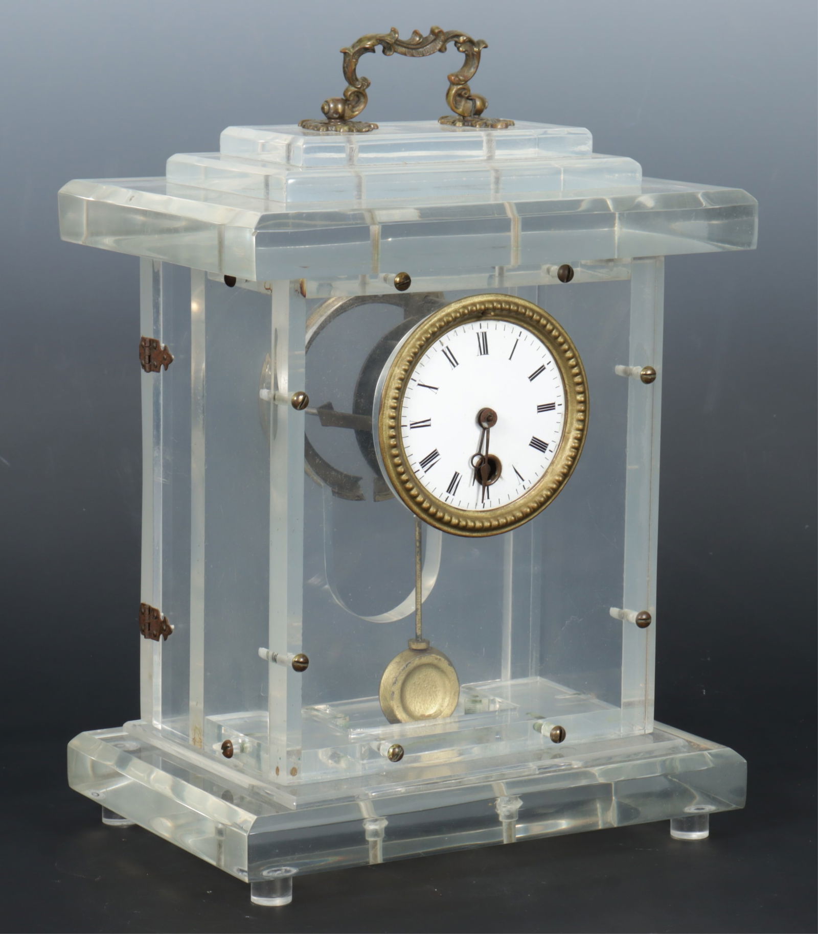 Modern Acrylic & Brass Carriage Clock, c.1970: Modern Acrylic & Brass Carriage Clock, circa 1970, incorporating older works Dimensions: 12" H x 9" W x 6.75" D