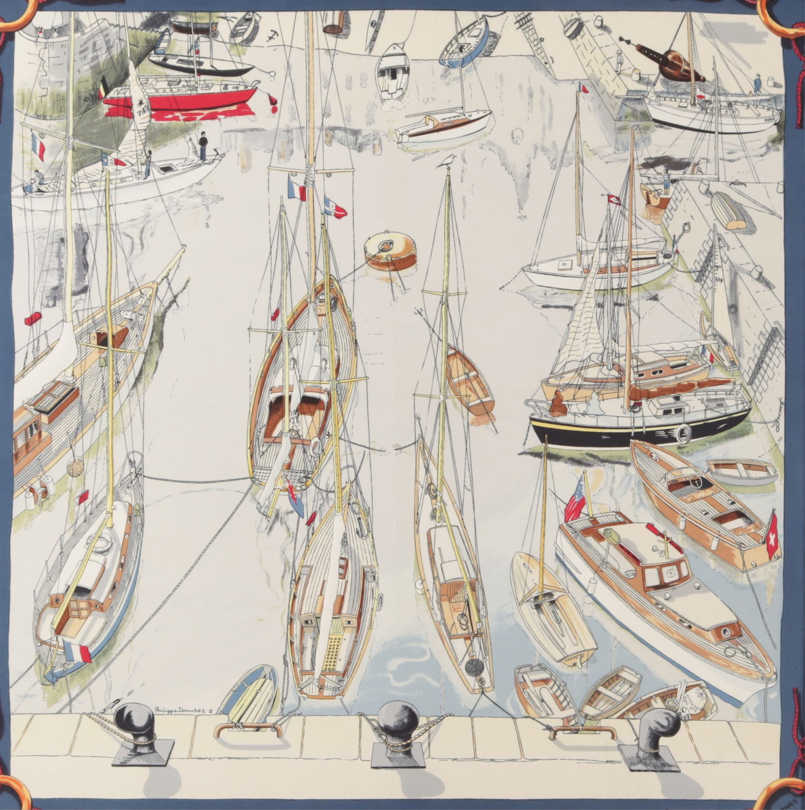 HERMES "Le Port De Saint Tropez" Framed Scarf: HERMES "Le Port De Saint Tropez" twill silk scarf, framed in navy blue frame. Designed by Philippe Dauchez, circa 1960. Dimensions: Framed 33.5" square 
