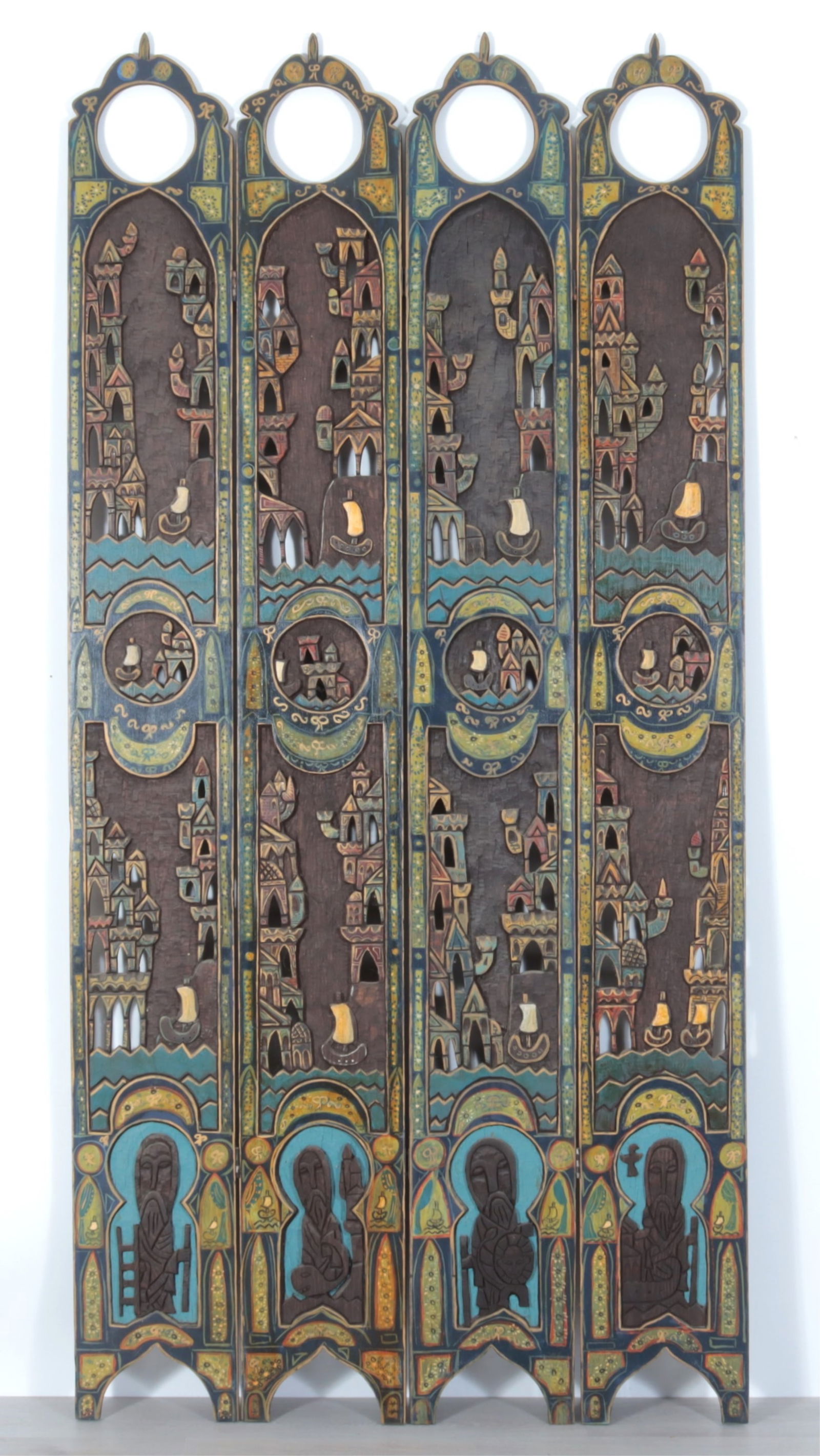 Jonathan Kendall - Outsider Artist - Carved Screen: Outsider Artists Jonathan A. Kendall, American 1939-2004, & Charles Mcleod, features Old Testament prophets: Jacob (ladder), Jonah (fish), Daniel (lion) and Noah (ark and dove) Byzantine revival