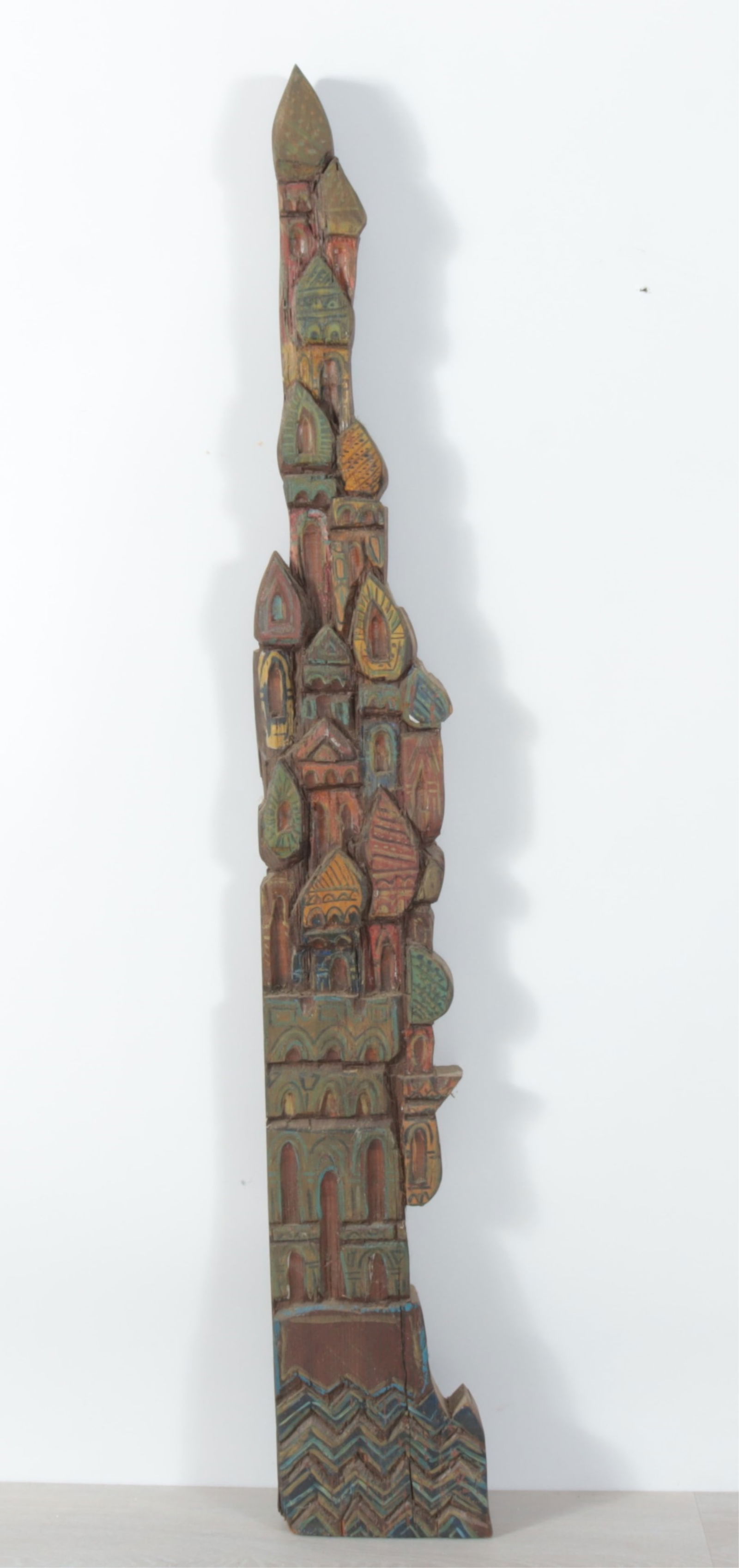 Jonathan Kendall - Outsider Artist - Wood Carving: Outsider artists Jonathan A. Kendall, American 1939-2004, & Charles Mccleod, City of God, Byzantine revival folk art wall hanging, wood carved and paint decorated, unsigned Dimensions: 45 x 6 1/2 x 2