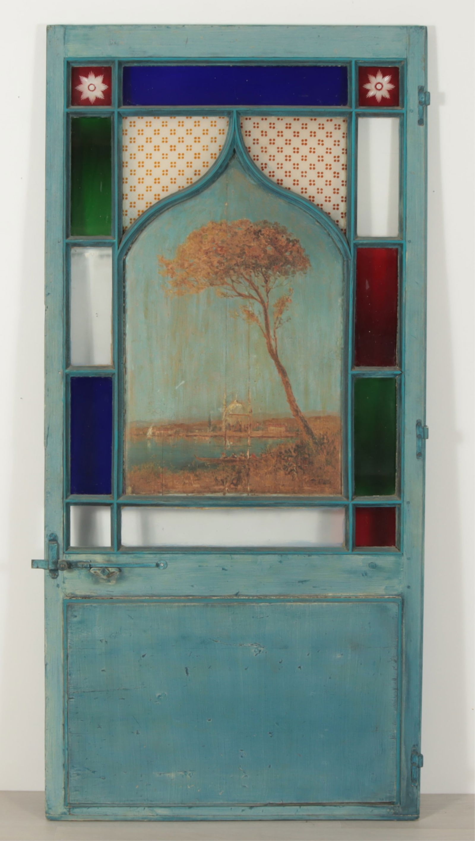 Gothic Peak Mullion Painted Glass Door: A late 19th Century gothic style blue painted door with stain and etched glass panels. Center panel featuring painted landscape O/B Dimensions: 78" H x 37" W 