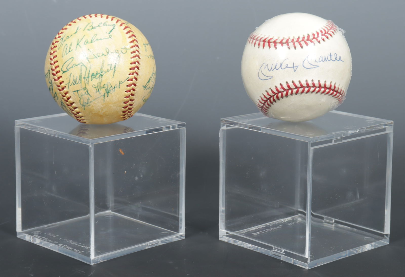 Autograph Baseballs - Mickey Mantle Detroit Tigers: Two autographed baseballs, one signed by members of the Detroit Tigers, circa 1950s, including Ray Herbert, Fred Hatfield, Johnny Kopp, Al Kaline, Frank Bolling, Chuck King, Bill Tuttle, Reno Bertoia,