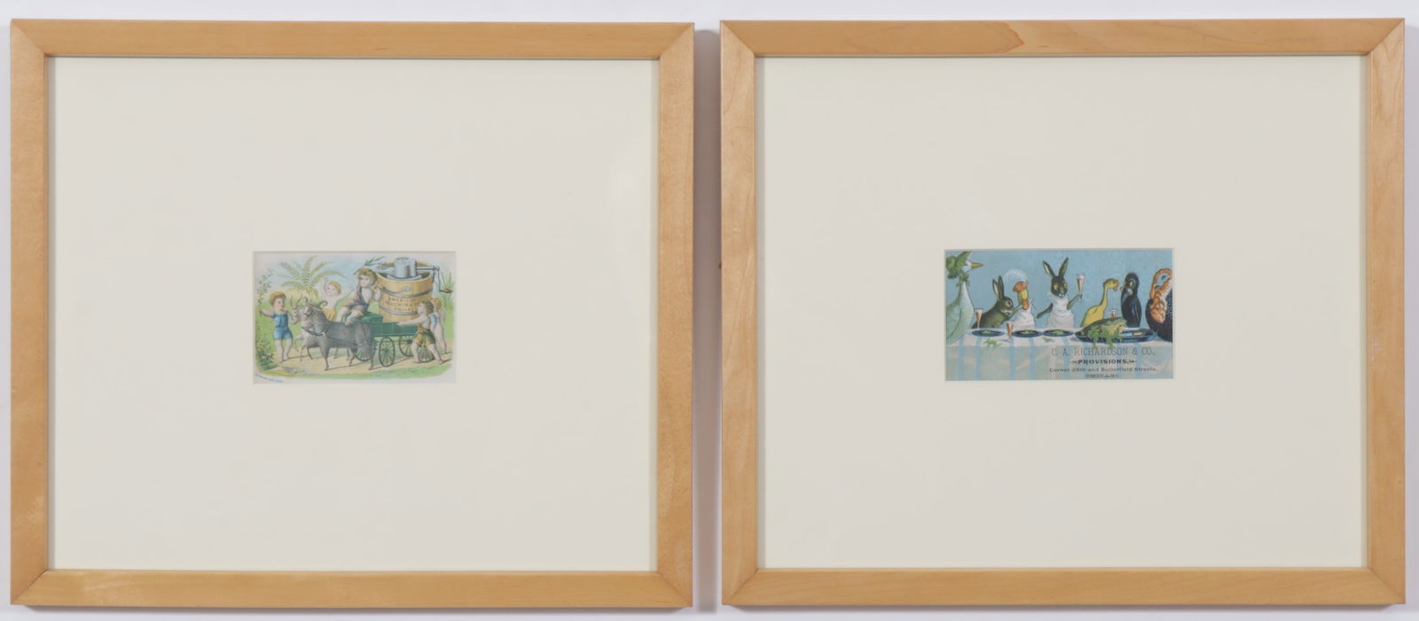 Two Vintage Card Advertisements: Two Vintage Card Advertisements, CA Richardson's Provisions & American Machine Co. Dimensions: Each Framed 12" H x 14" W 