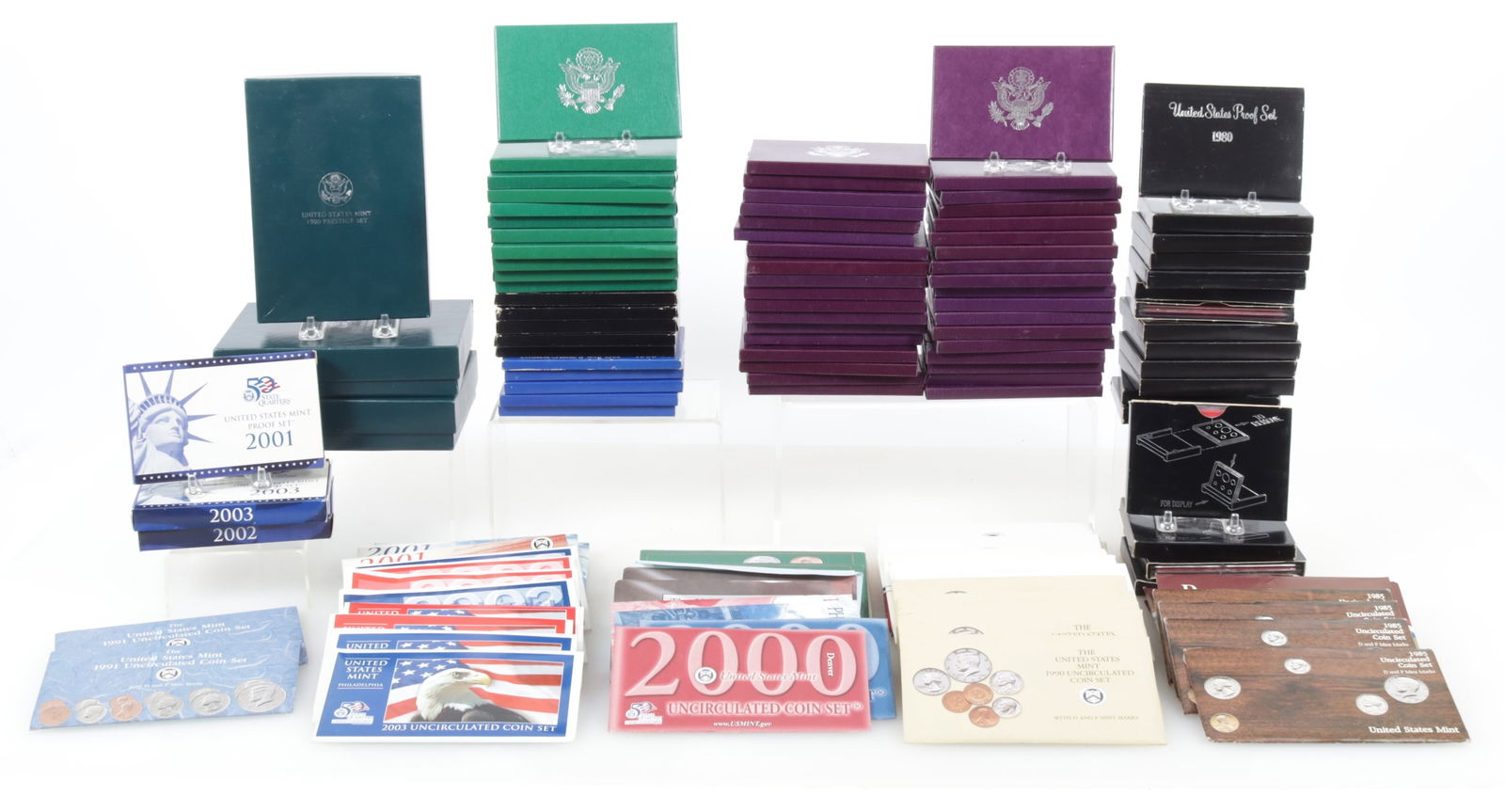 United States Mint Proofs and Uncirculated Coins: Large lot containing Proof and Mint Proof sets, many with multiples; From the years 1968 (1), 1976 (1), 1977(1), 1978 (1), 1979 (2), 1980 (5), 1981 (6), 1982 (6), 1983 (3), 1984 (4), 1985 (8), 1986 (2