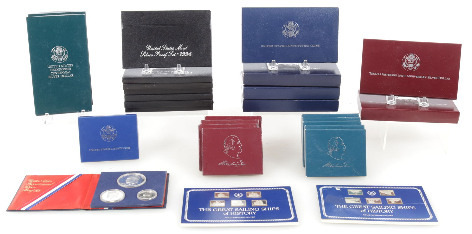 United States Mint Silver Proof Sets & Coins: United States Mint Silver Proof Set - 1992, 1994 (2), 1996 (2), 1997 (2). United States Eisenhower Centennial Silver Dollar 1990 (2). Thomas Jefferson 250th Anniversary Silver Dollar Proof 1993. Thoma
