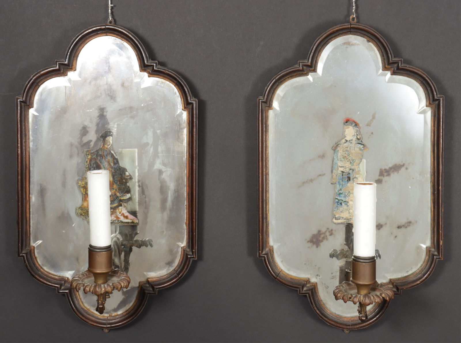 Pair Baroque Revival Chinoiserie Mirrored Sconces: Pair of Baroque Revival Chinoiserie Mirrored Sconces, decorated with eglomise Chinese figures. Dimensions: 15.5" H x 9.25" W