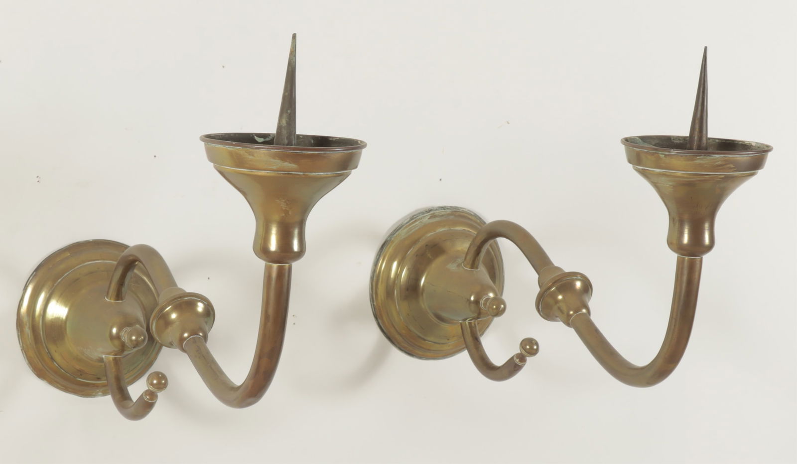 Pair Large Baroque Revival Brass Pricket Sconces: Pair of Large Dutch Baroque Revival Brass Pricket Sconces, Late 19th/Early 20th C. Dimensions: 20" H x 29.5" D 