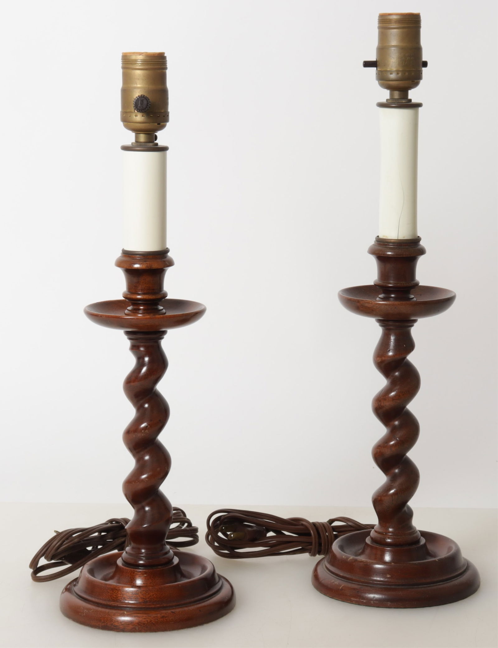 Pair English Mahogany Barley Twist Table Lamps: Pair of English Mahogany Barley Twist Table Lamps Dimensions: To the fixture 15" H 